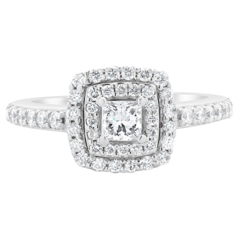 Bague De Fiançailles Or Blanc 14 Carats Avec Diamants Simulés Taille Princesse - Taille 6 US - Halo