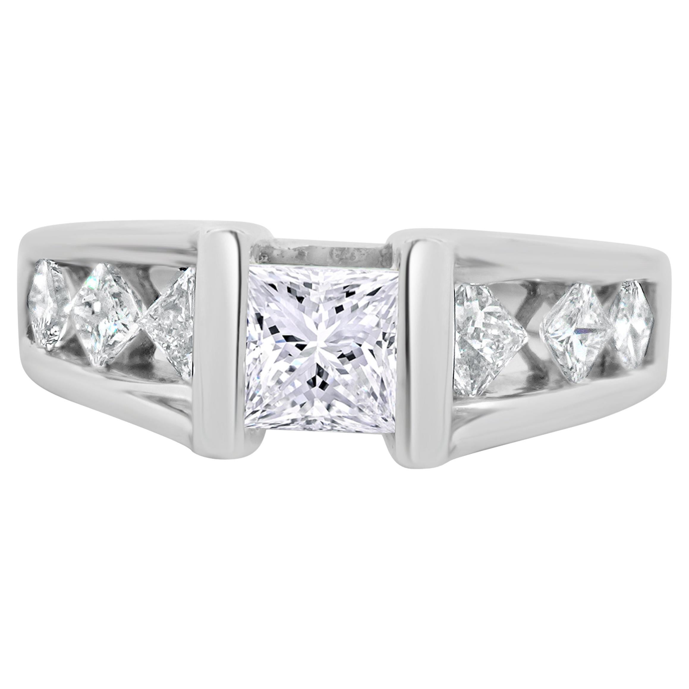 14 Karat White Gold Princess Cut Diamond Engagement Ring For Sale