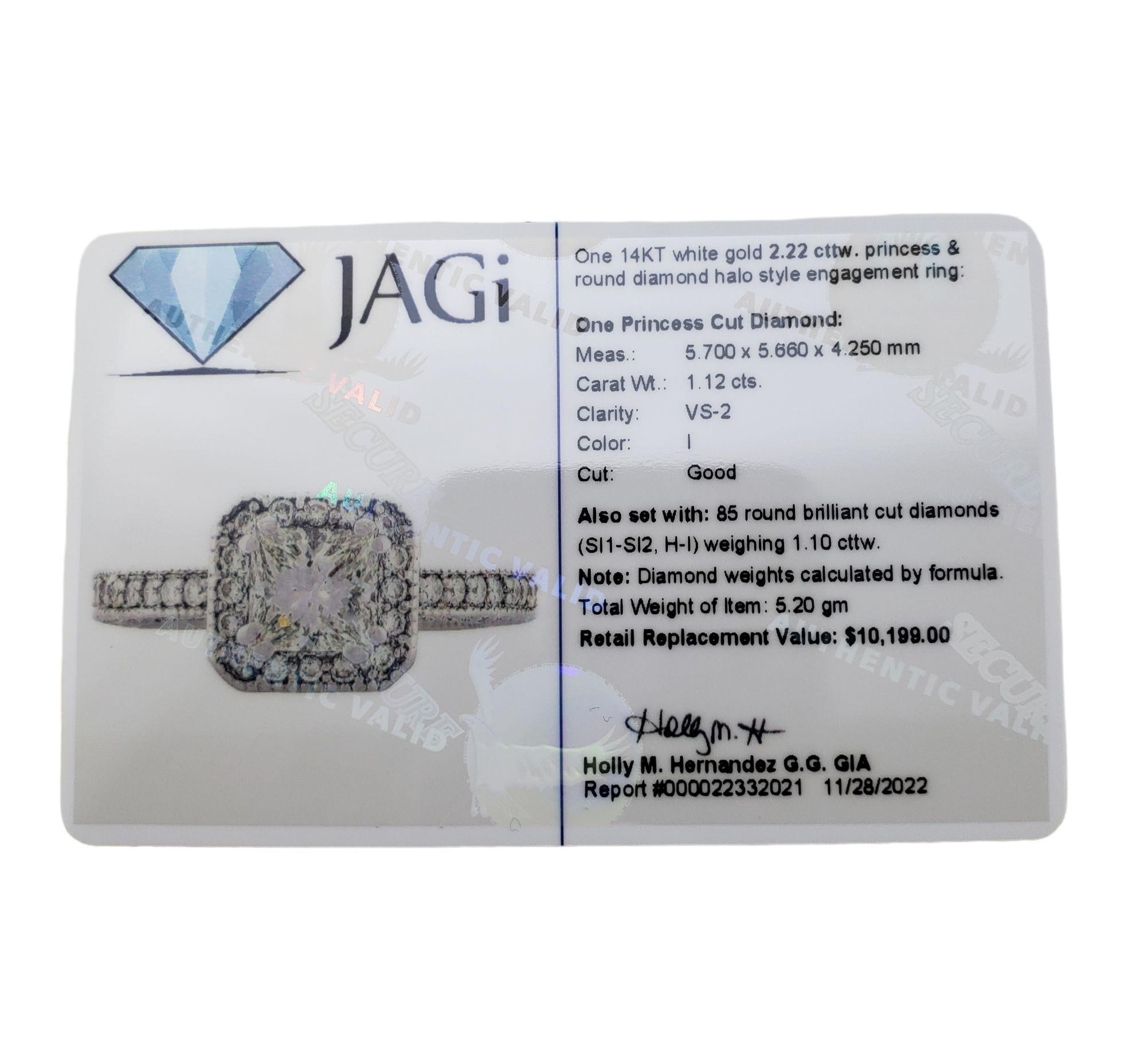 14 Karat White Gold Princess Cut Diamond Halo Engagement Ring For Sale 2