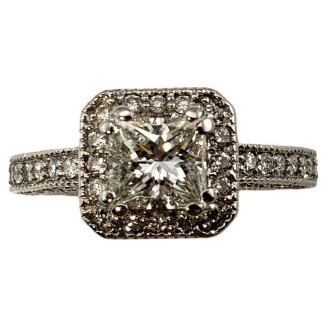 14 Karat White Gold Princess Cut Diamond Halo Engagement Ring For Sale