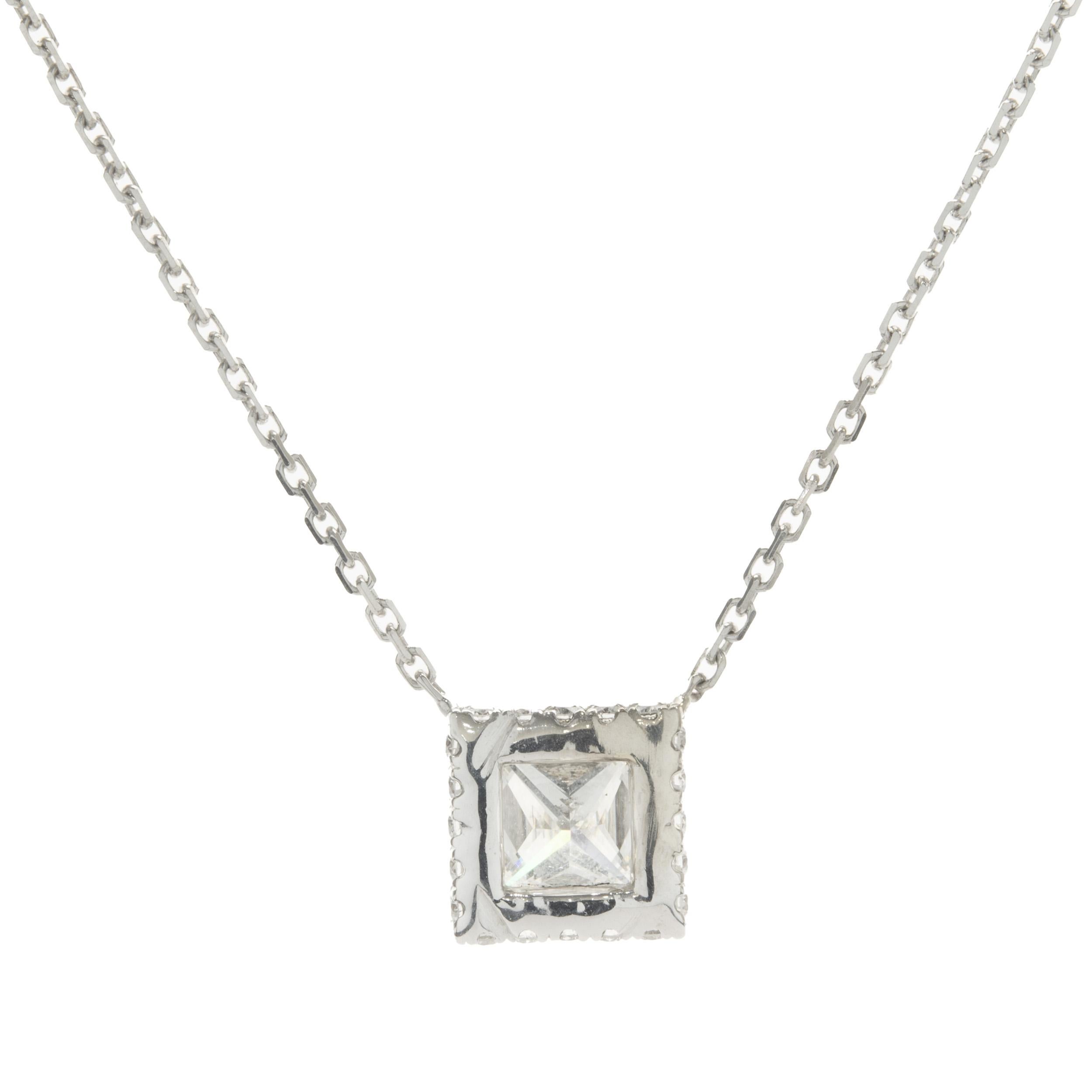 Designer: custom design
Material: 14K white gold
Diamonds:  1 princess cut = 1.52cttw
Color: J
Clarity: VVS2
GIA: 5182982122
Diamond: 20 round brilliant cut = 0.20cttw
Color: G
Clarity: VS1-2
Dimensions: necklace measures 18-inches in length