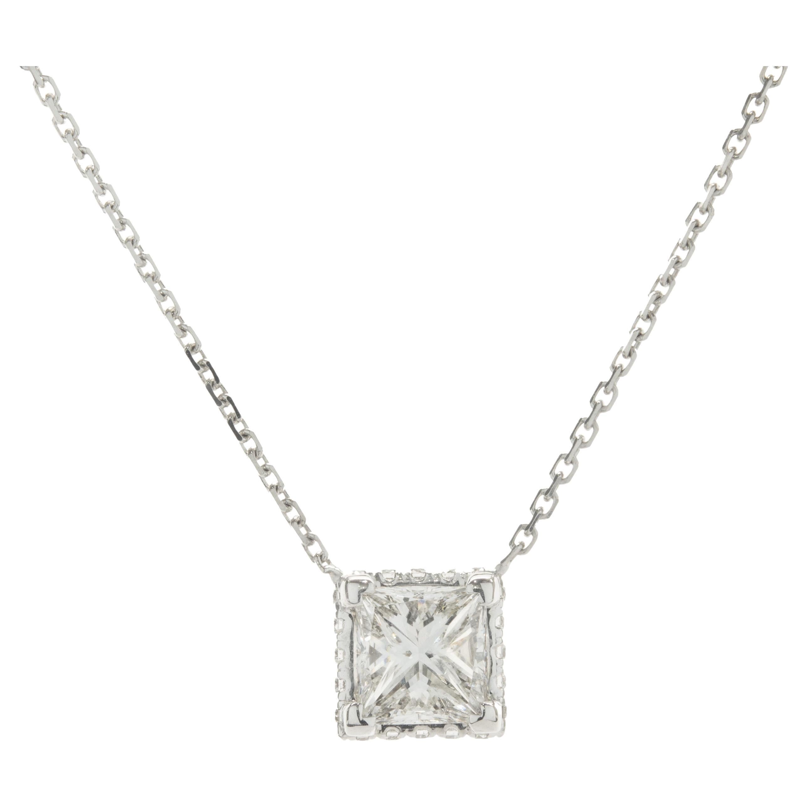 14 Karat White Gold Princess Cut Diamond Halo Necklace For Sale