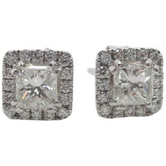 14 Karat White Gold Princess Cut Diamond Halo Stud Earrings