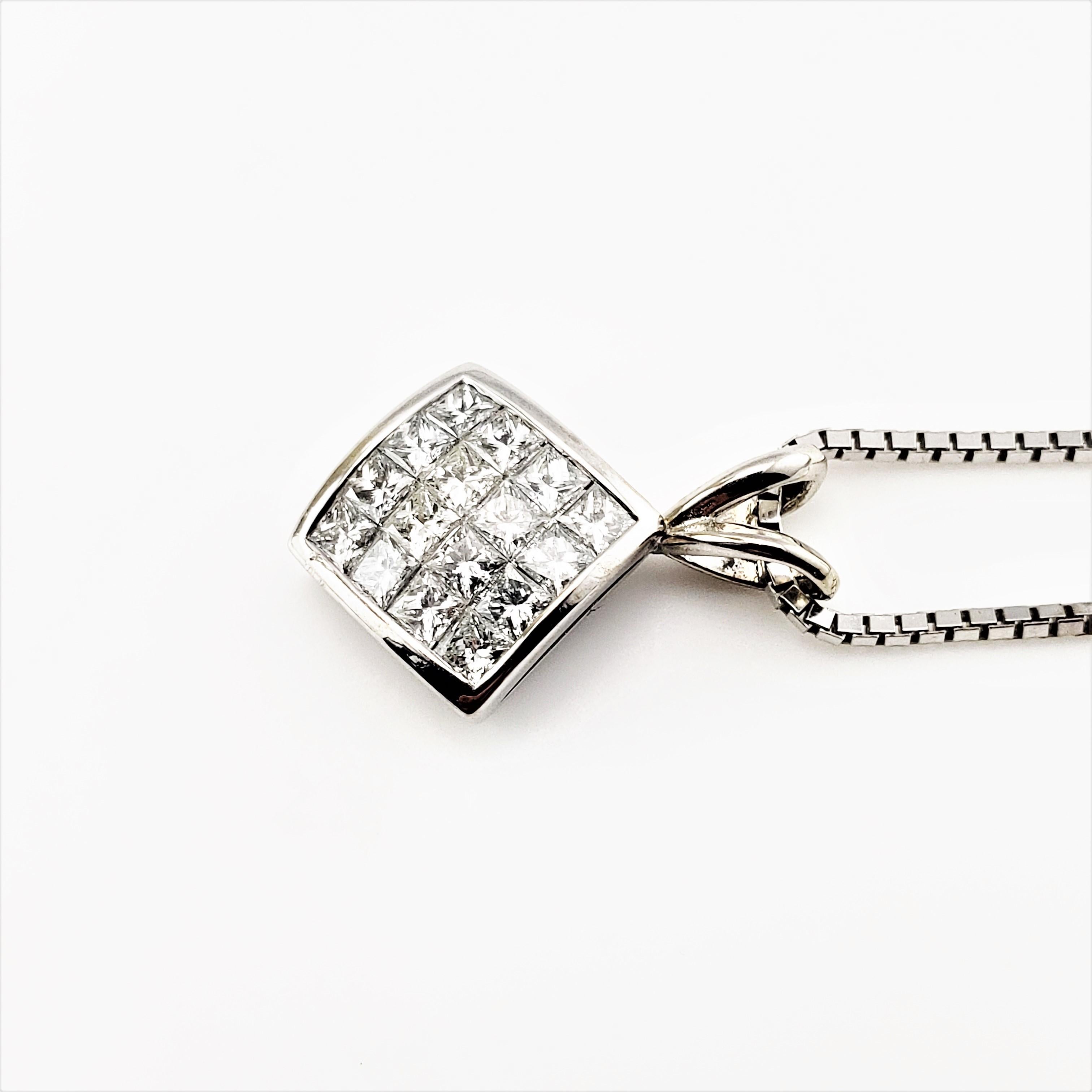 14 Karat White Gold Princess Cut Diamond Pendant Necklace-
 
This sparkling pendant features 16 princess cut diamonds set in classic 14K white gold.  Suspends from an 18 inch white gold necklace.

Approximate total diamond weight:  .80 ct.

Diamond