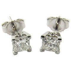 14 Karat White Gold Princess Cut Diamond Stud Earrings .80 Carat