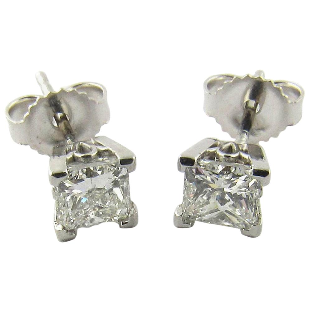 14 Karat White Gold Princess Cut Diamond Stud Earrings .80 Carat