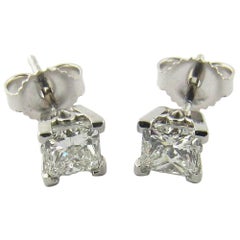 Vintage 14 Karat White Gold Princess Cut Diamond Stud Earrings .80 Carat