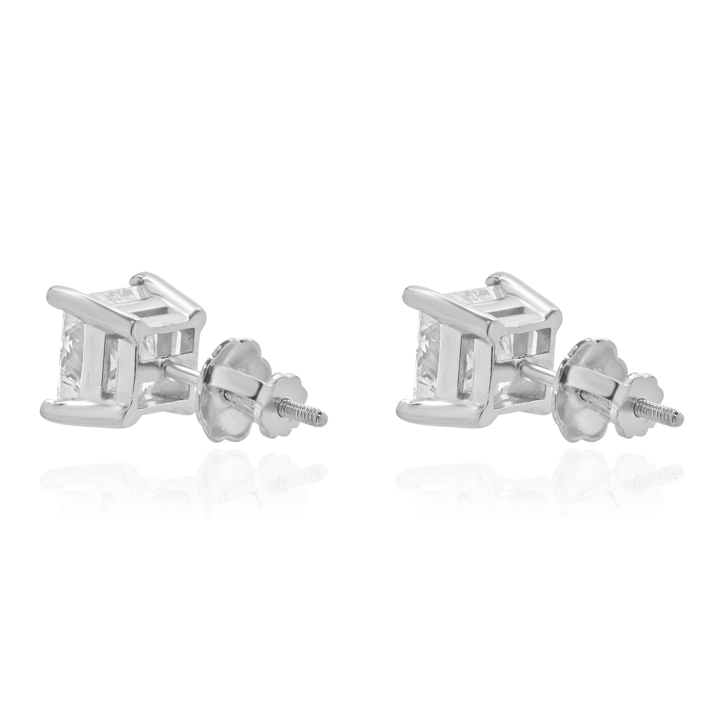 14 Karat White Gold Princess Cut Diamond Stud Earrings In Excellent Condition For Sale In Scottsdale, AZ