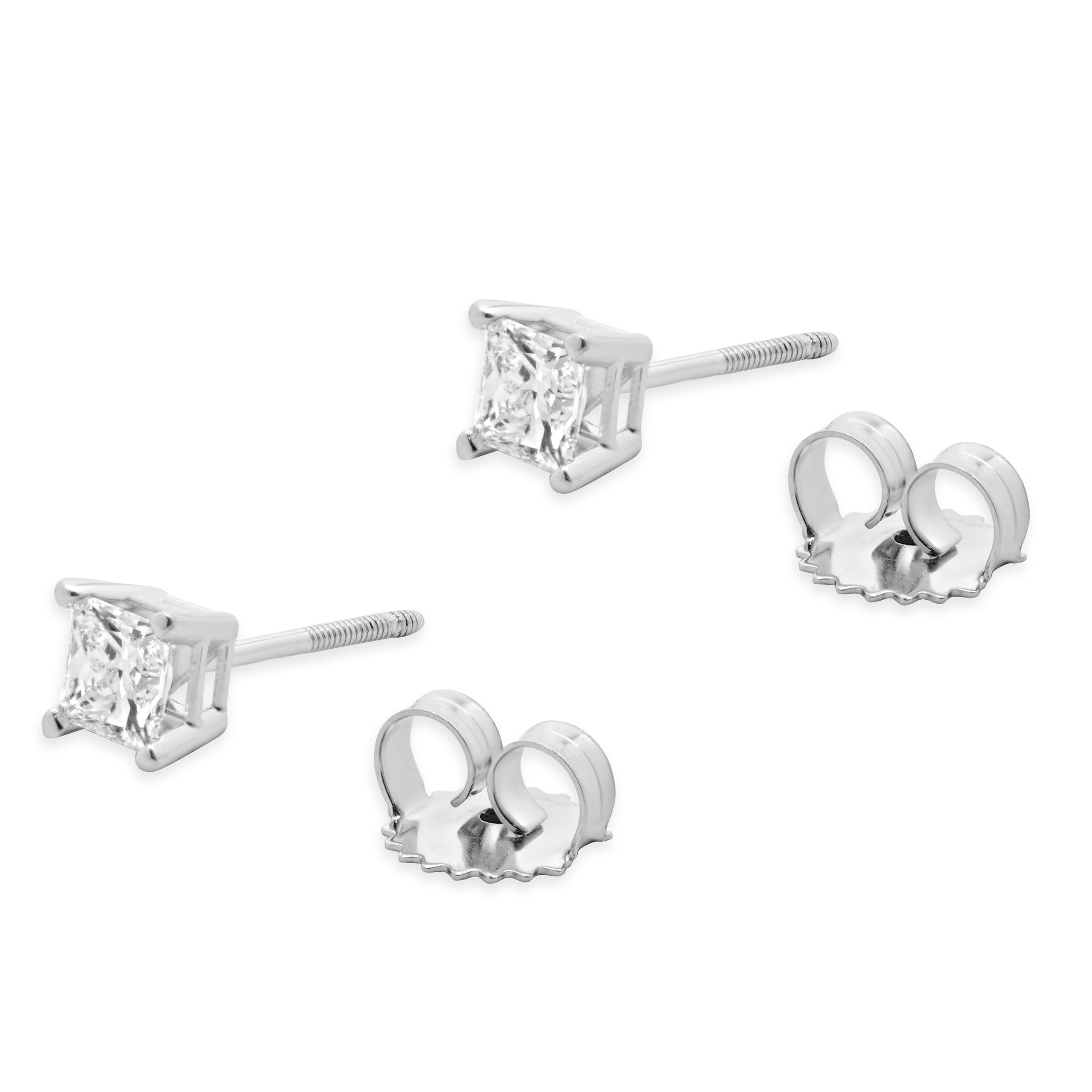 Taille princesse Boucles d'oreilles en or blanc 14 carats, diamant taille princesse en vente