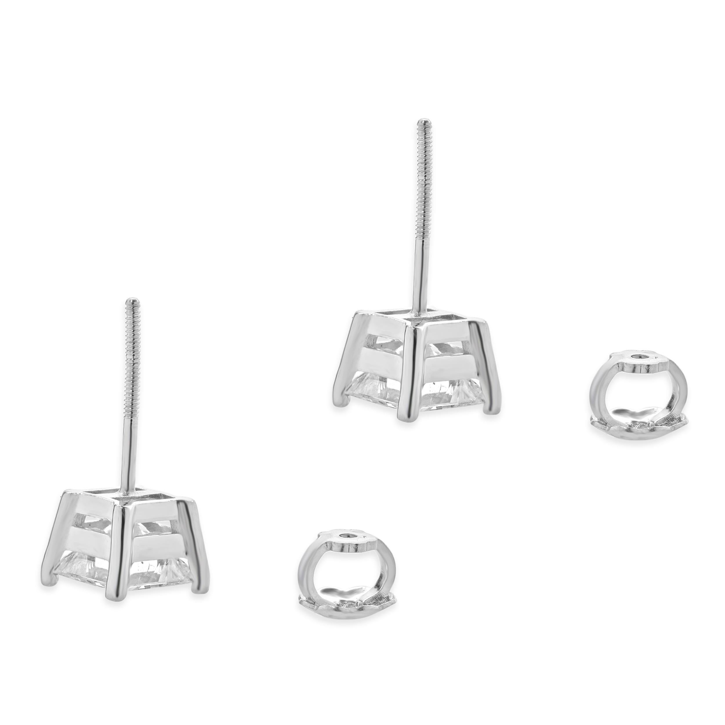 Women's or Men's 14 Karat White Gold Princess Cut Diamond Stud Earrings For Sale