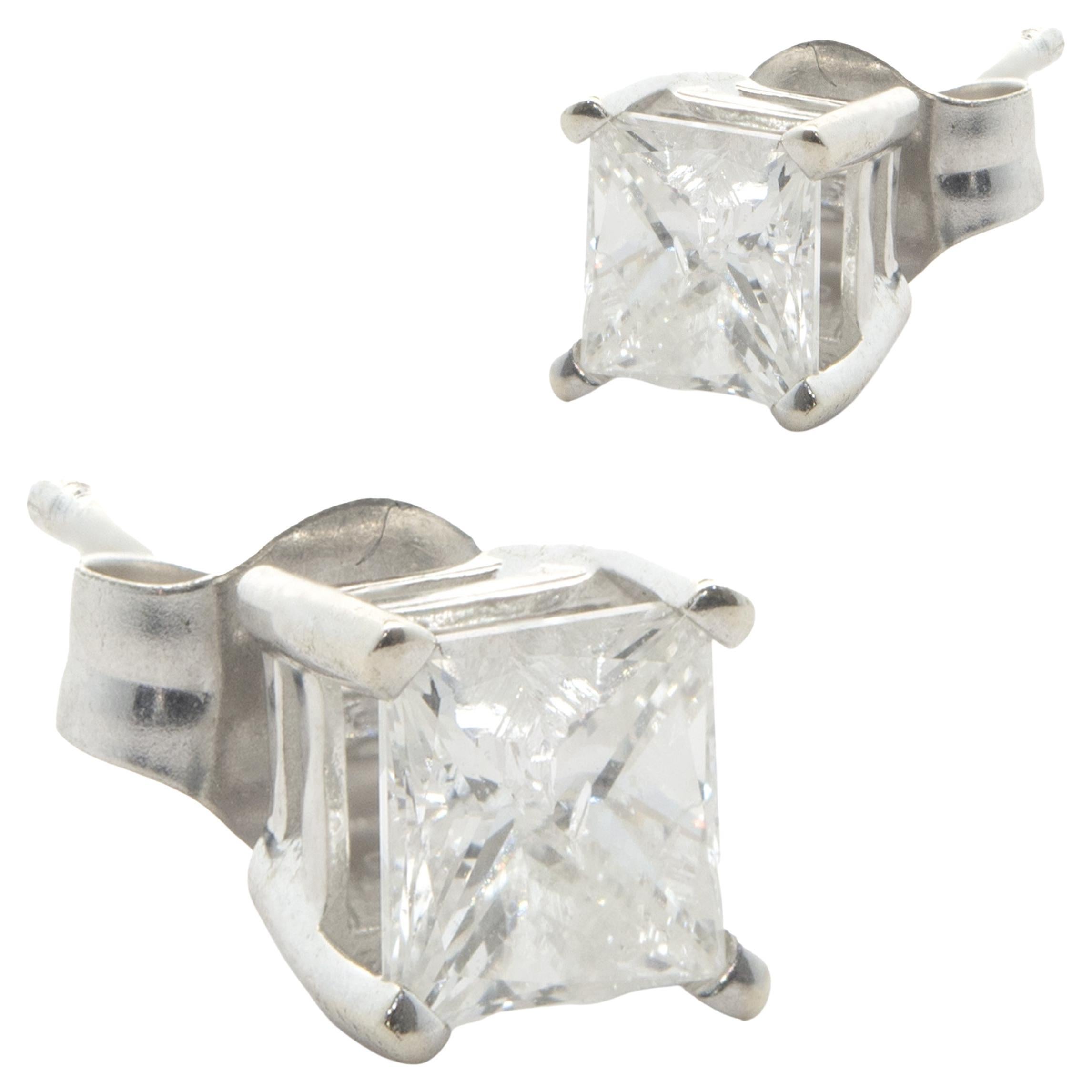 Material: 14k white gold
Diamonds: 2 princess cut = 0.55cttw
Color: H
Clarity: SI2-I1
Dimensions: earrings measure approximately 4mm in diameter
Fastenings: post with friction backs
Weight: 0.77 grams