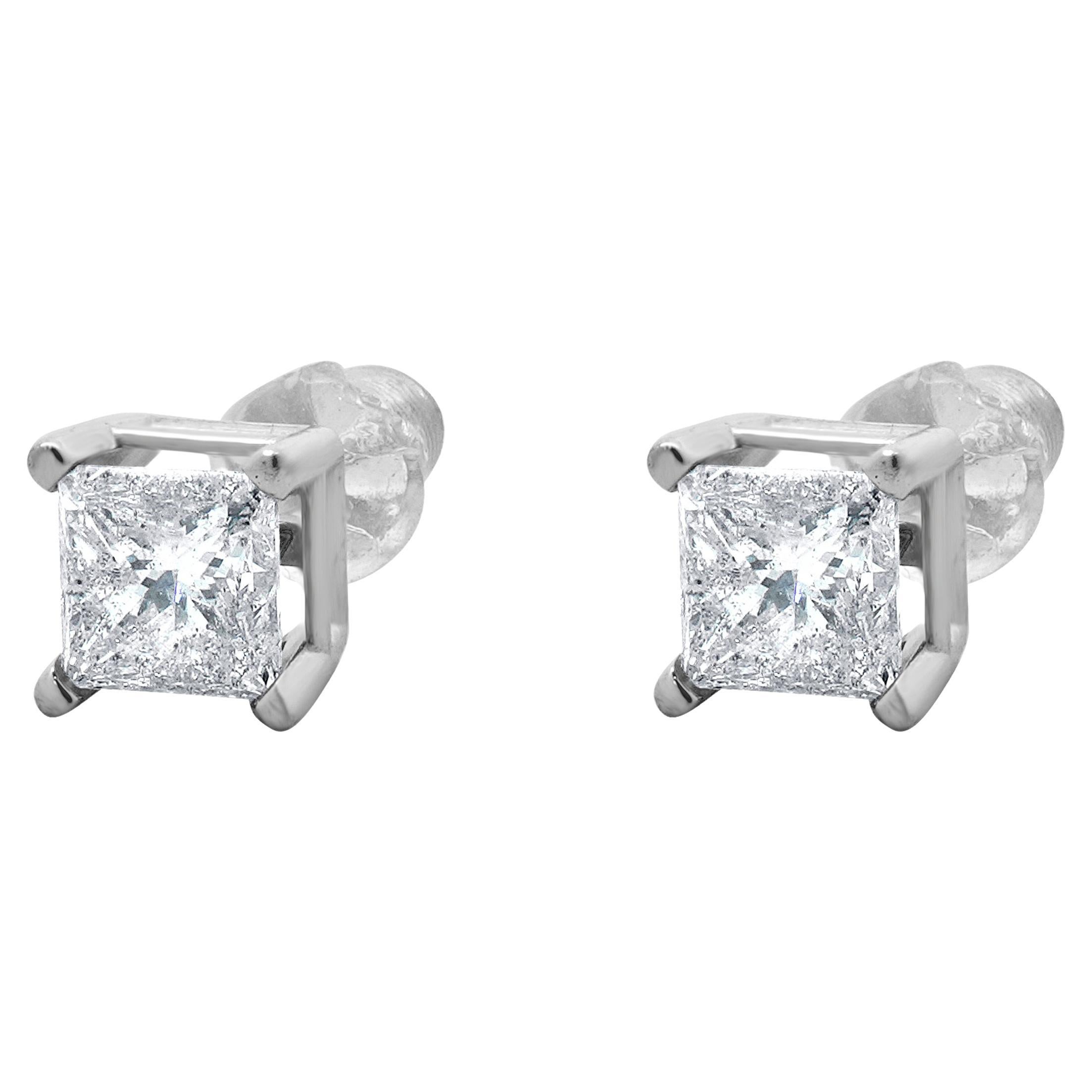 14 Karat White Gold Princess Cut Diamond Stud Earrings