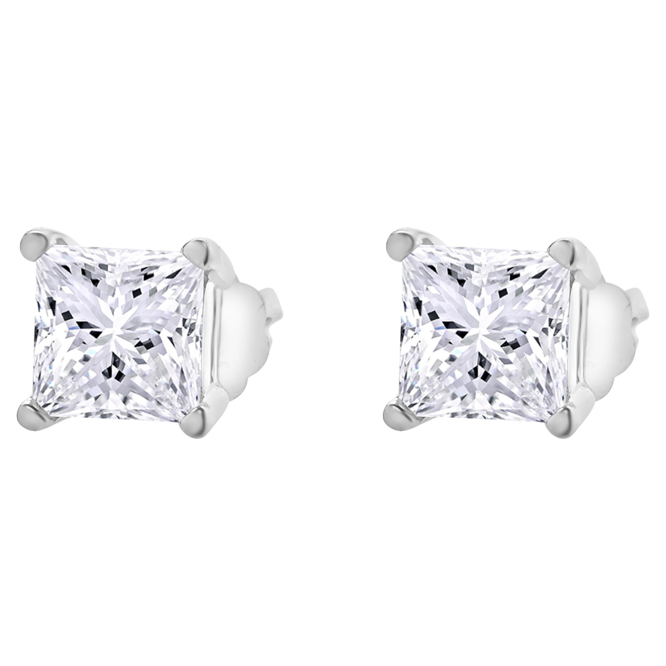 14 Karat White Gold Princess Cut Diamond Stud Earrings
