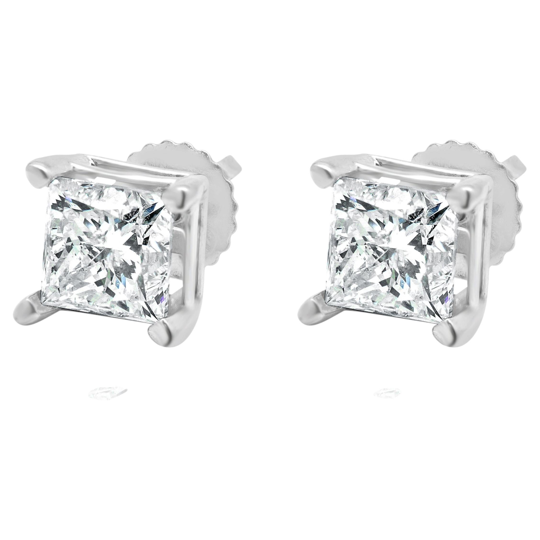 14 Karat White Gold Princess Cut Diamond Stud Earrings