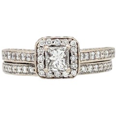 14 Karat White Gold Princess Cut Halo Diamond Wedding Set