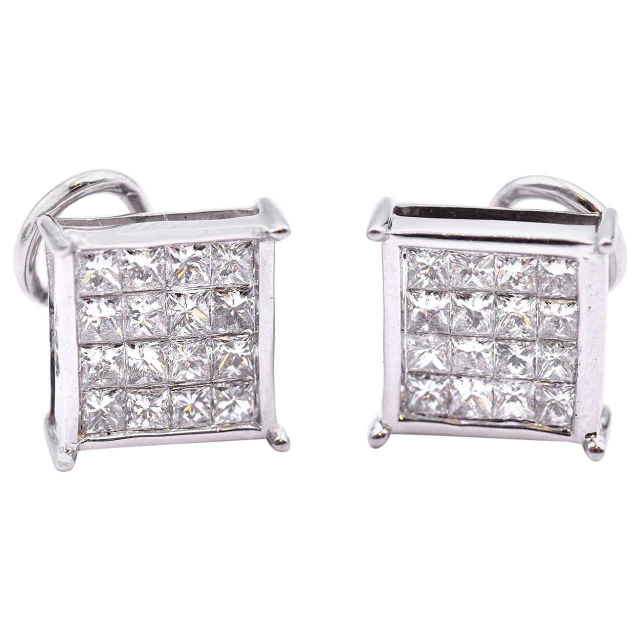 14 Karat White Gold Princess Cut Invisible Set Diamond Stud Earrings