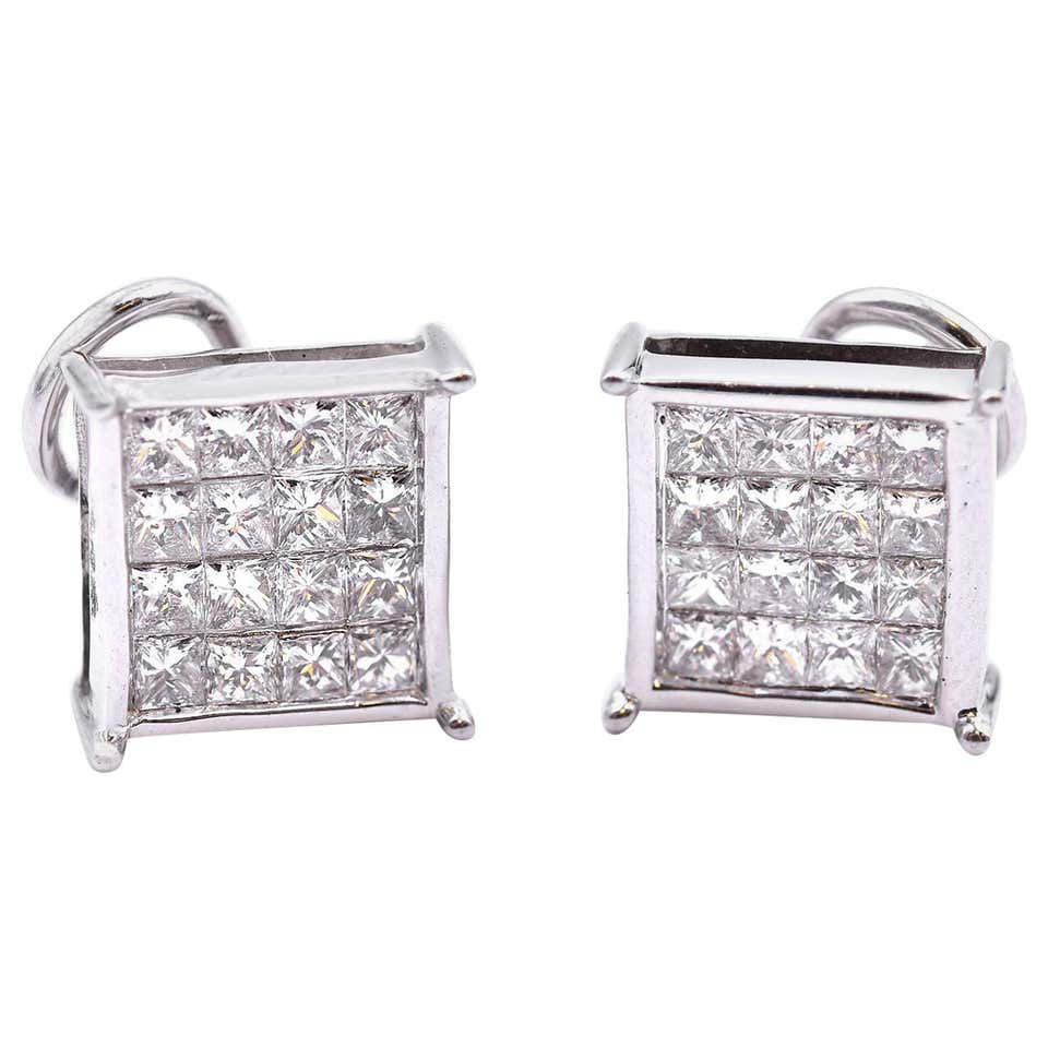 14 Karat White Gold Princess Cut Invisible Set Diamond Stud Earrings ...