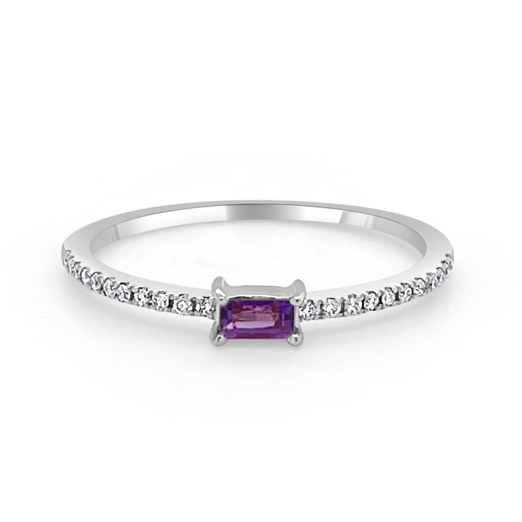 Charming and Elusive Design - This stackable ring features a 14k gold band, a baguette shaped gorgeous purple amethyst approximately 0.14cts, and round diamonds approximately 0.09 cts, 
Measurements for ring size: The finger Size of the ring is 6.5