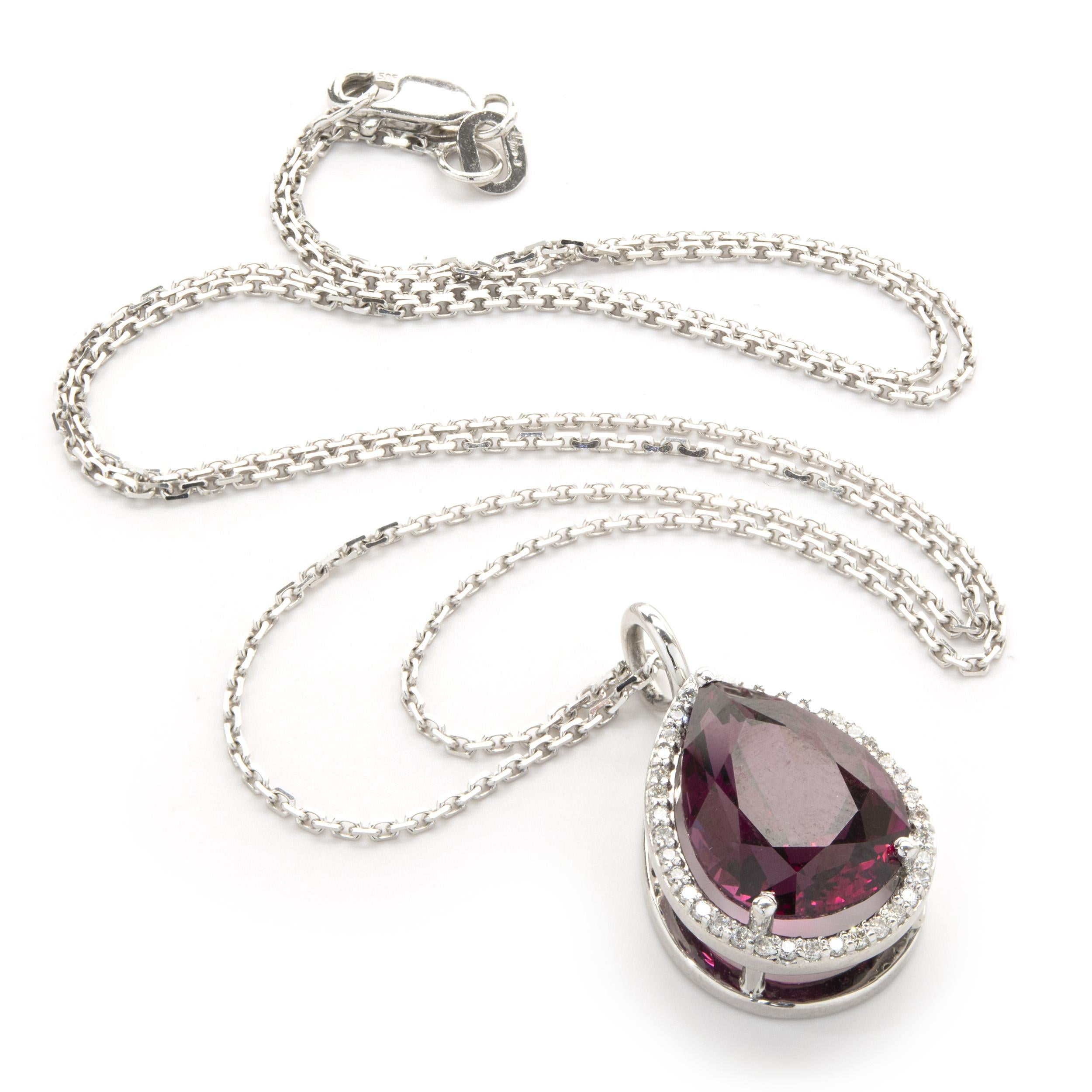Pear Cut 14 Karat White Gold Pyrope Garnet and Diamond Necklace For Sale