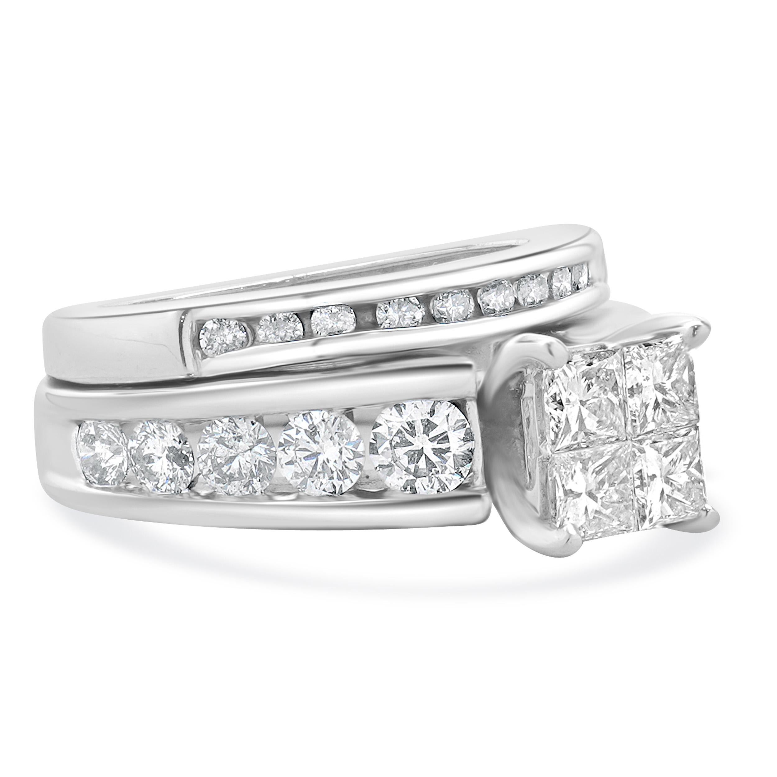 Material: 14K white gold
Center Diamond: 4 princess cut = 0.76cttw
Color: I
Clarity: SI2-I1
Diamond: 21 round brilliant cut = 0.95cttw
Color: H
Clarity: I1
Ring Size: 5.75 (please allow up to 2 additional business days for sizing