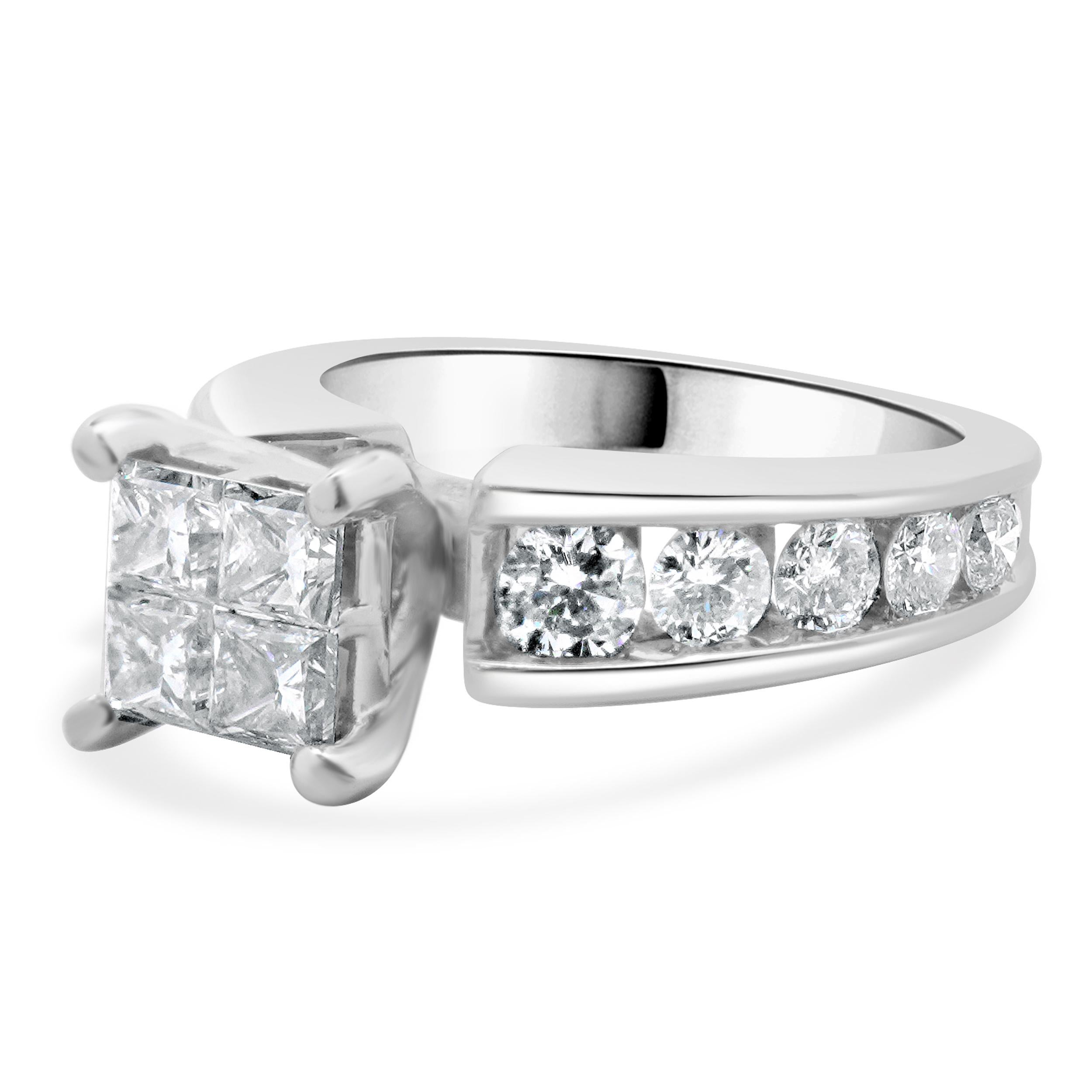 Designer: custom
Material: 14K white gold
Diamond: 4 princess cut = 0.76cttw
Color: I
Clarity: I1
Diamond: 10 round brilliant cut = 0.88cttw
Color: I
Clarity: SI2-I1
Dimensions: ring top measures 8.10mm wide
Ring Size: 4.25 (complimentary sizing