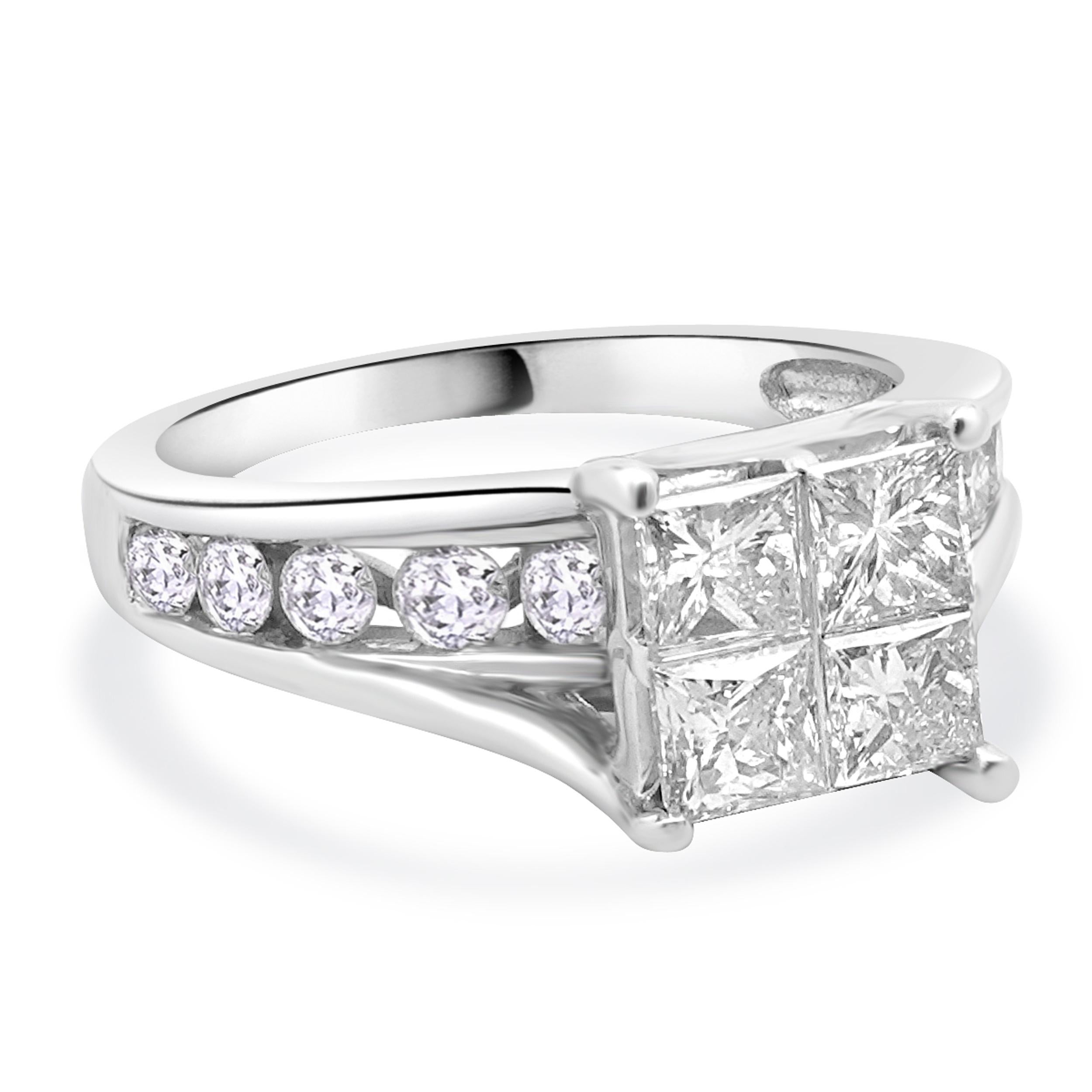 Designer: custom
Material: 14K white gold
Center Diamond: 4 princess cut = 1.40cttw
Color : I
Clarity : SI2-I1
Diamond: 11 round brilliant cut = 0.40cttw
Color : H
Clarity : SI2-I1
Size: 7 complimentary sizing available 
Weight: 6.32 grams

