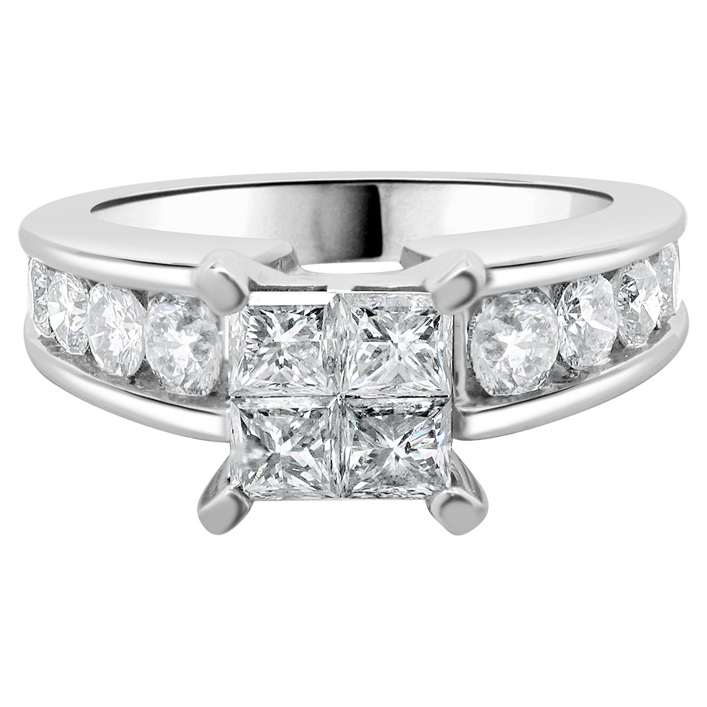 14 Karat White Gold Quad Set Princess Cut Diamond Engagement Ring For Sale