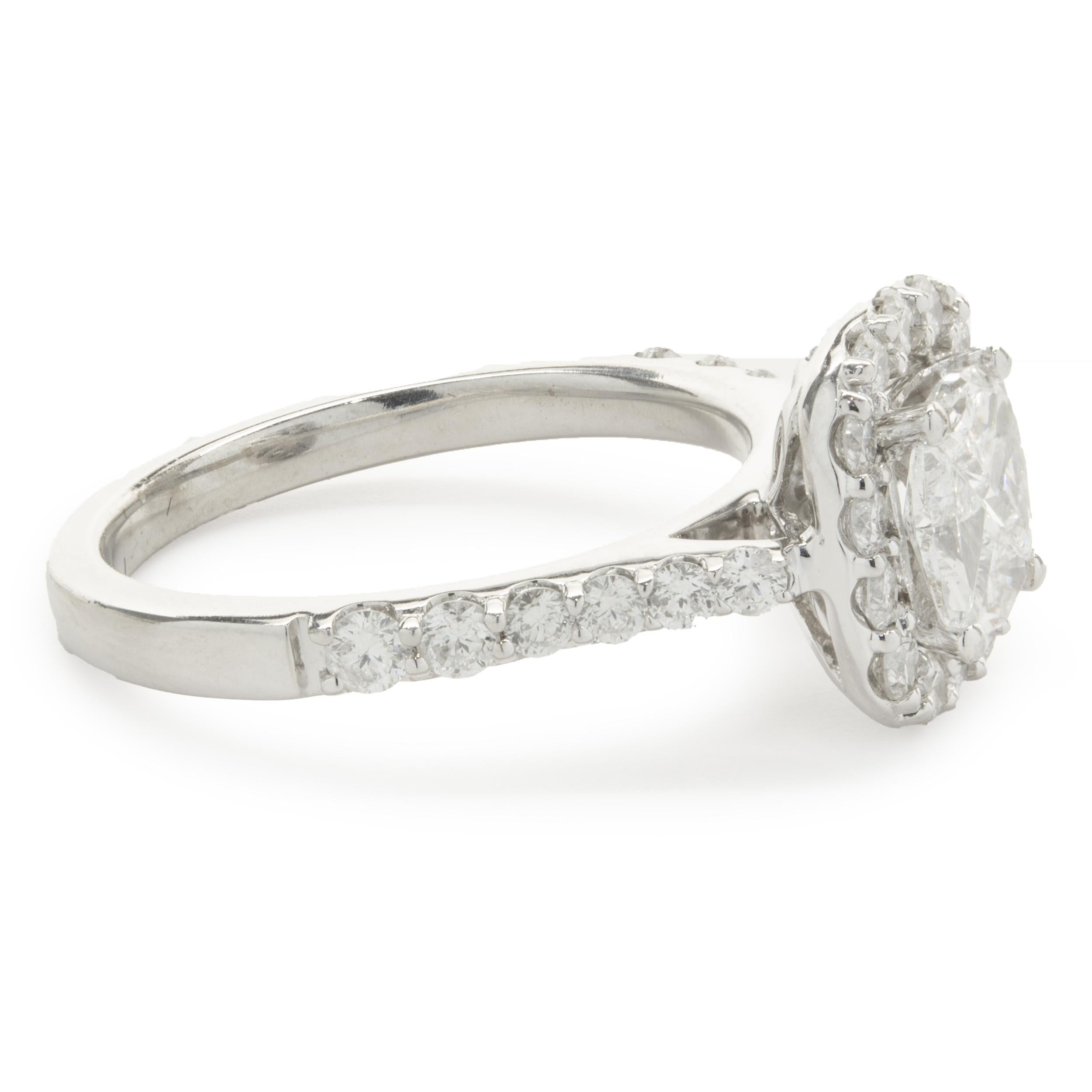 Designer: custom
Material: 14K white gold
Diamond: 4 trillion cut = 0.75cttw
Color: I
Clarity: SI1
Diamond: 26 round brilliant cut = 0.90cttw
Color: G
Clarity: SI1
Ring Size: 7.25 (please allow up to 2 additional business days for sizing