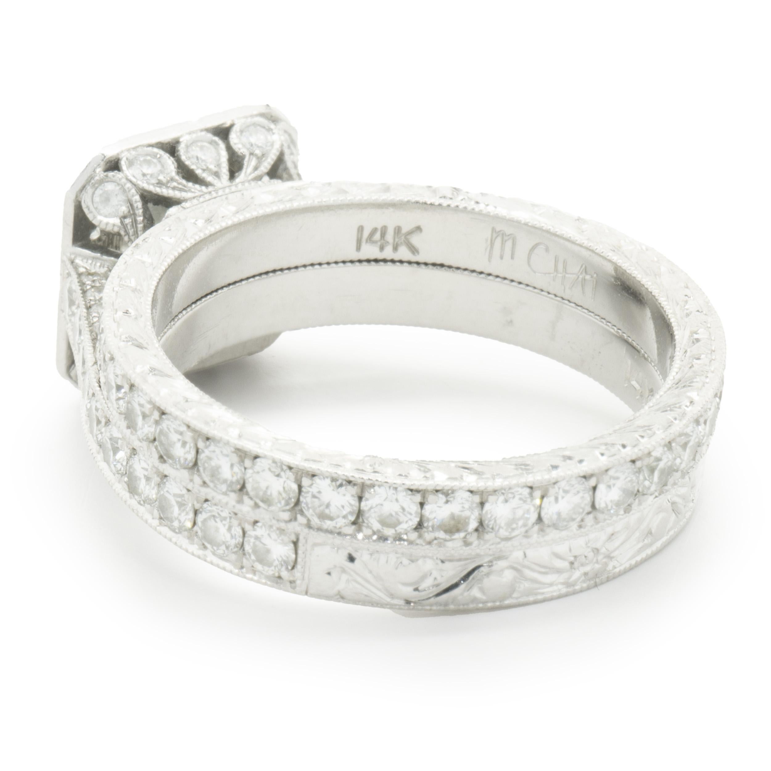 Round Cut M. Chai 14 Karat White Gold Radiant Cut Diamond Engagement Ring