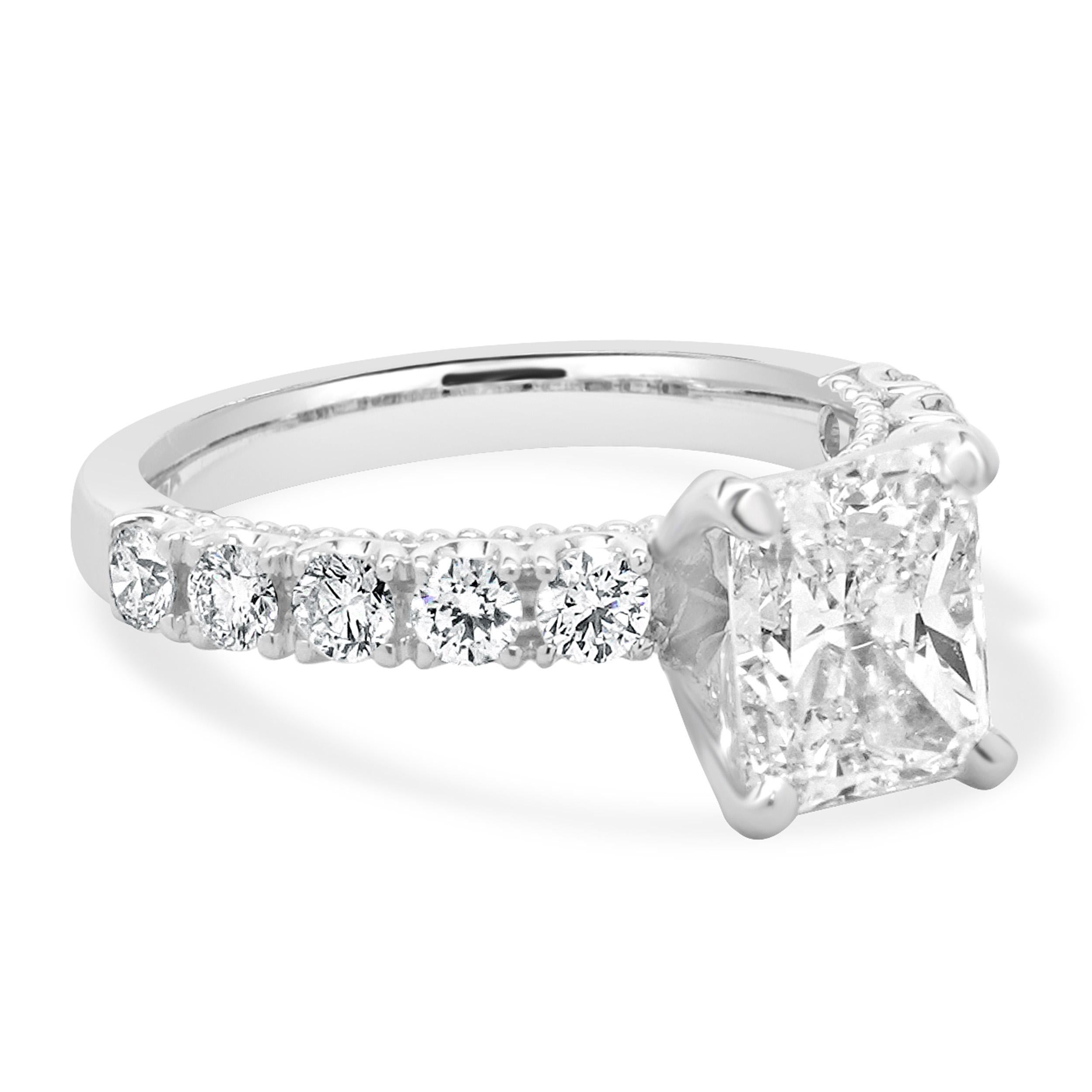 Women's 14 Karat White Gold Radiant Cut Diamond Engagement Ring For Sale