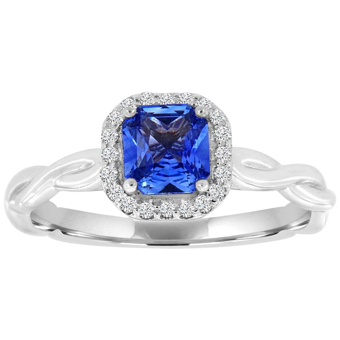 14 Karat White Gold Radiant Shape Blue Sapphire Diamond Ring 'Center-0.75 Carat' For Sale