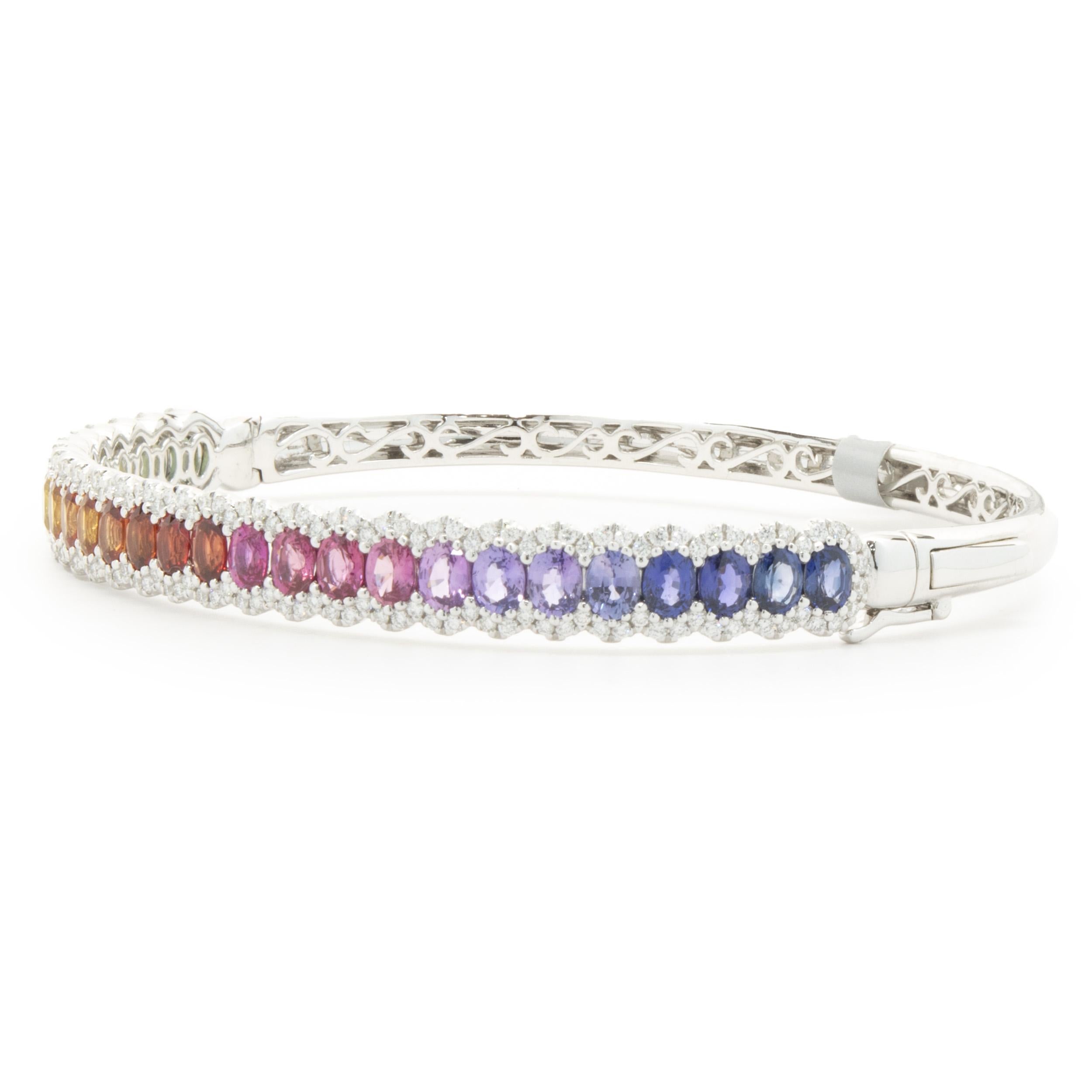 Oval Cut 14 Karat White Gold Rainbow Sapphire and Diamond Bangle Bracelet