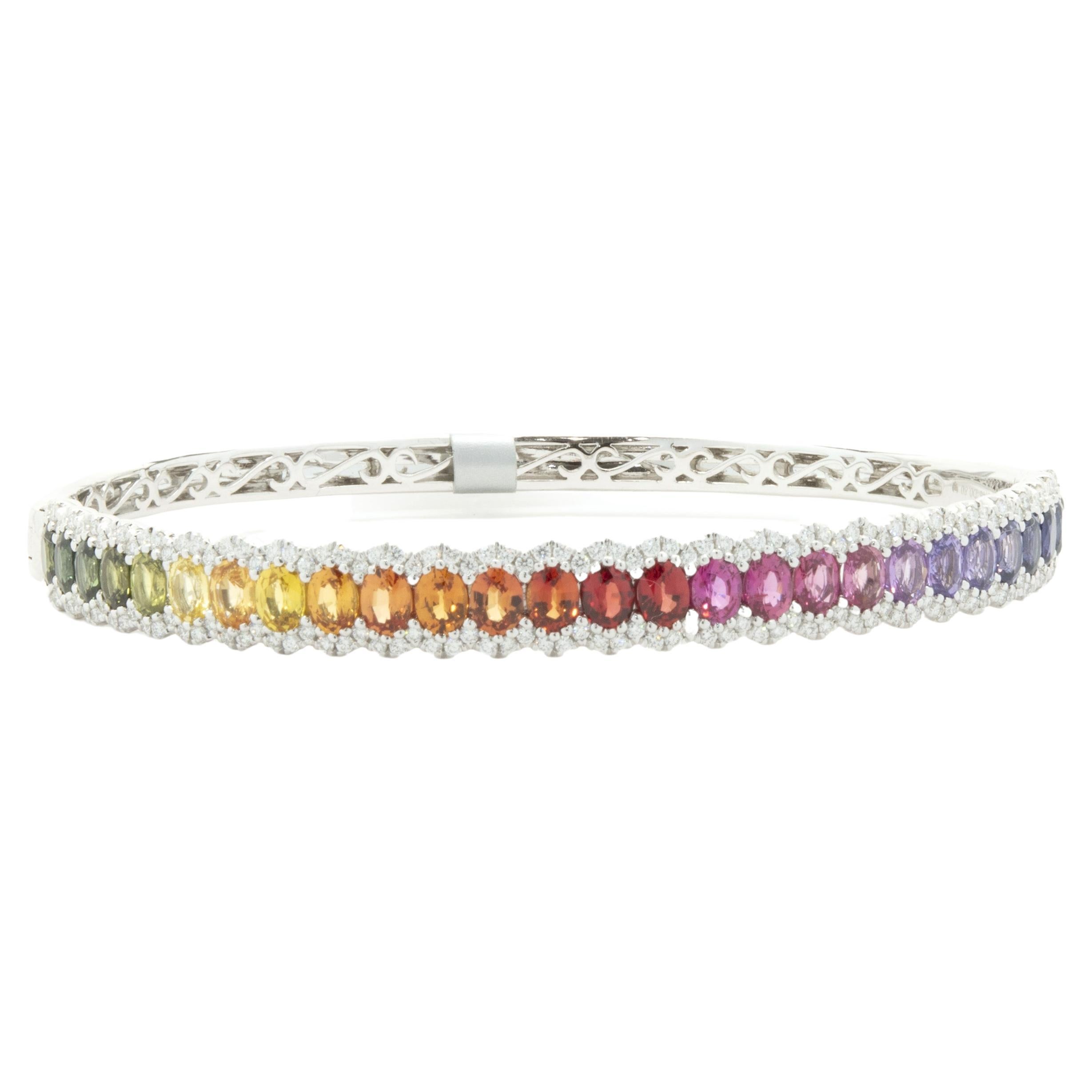 14 Karat White Gold Rainbow Sapphire and Diamond Bangle Bracelet