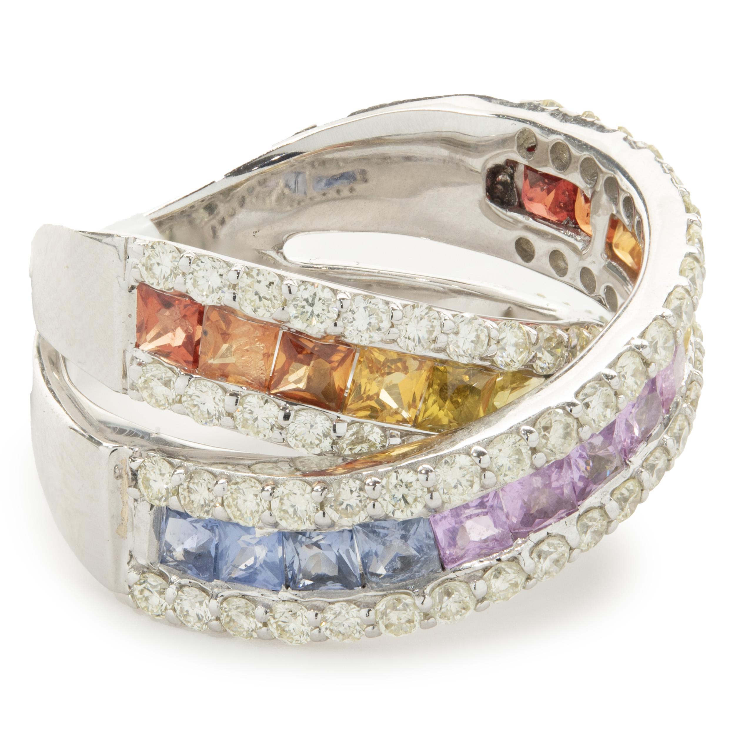 Designer: custom
Material: 14K white gold
Diamond: round brilliant cut = 1.47cttw
Color: G
Clarity: VS2
Sapphire: princess cut = 2.81cttw
Color: Rainbow
Ring Size: 7 (please allow up to 2 additional business days for sizing requests)
Dimensions: