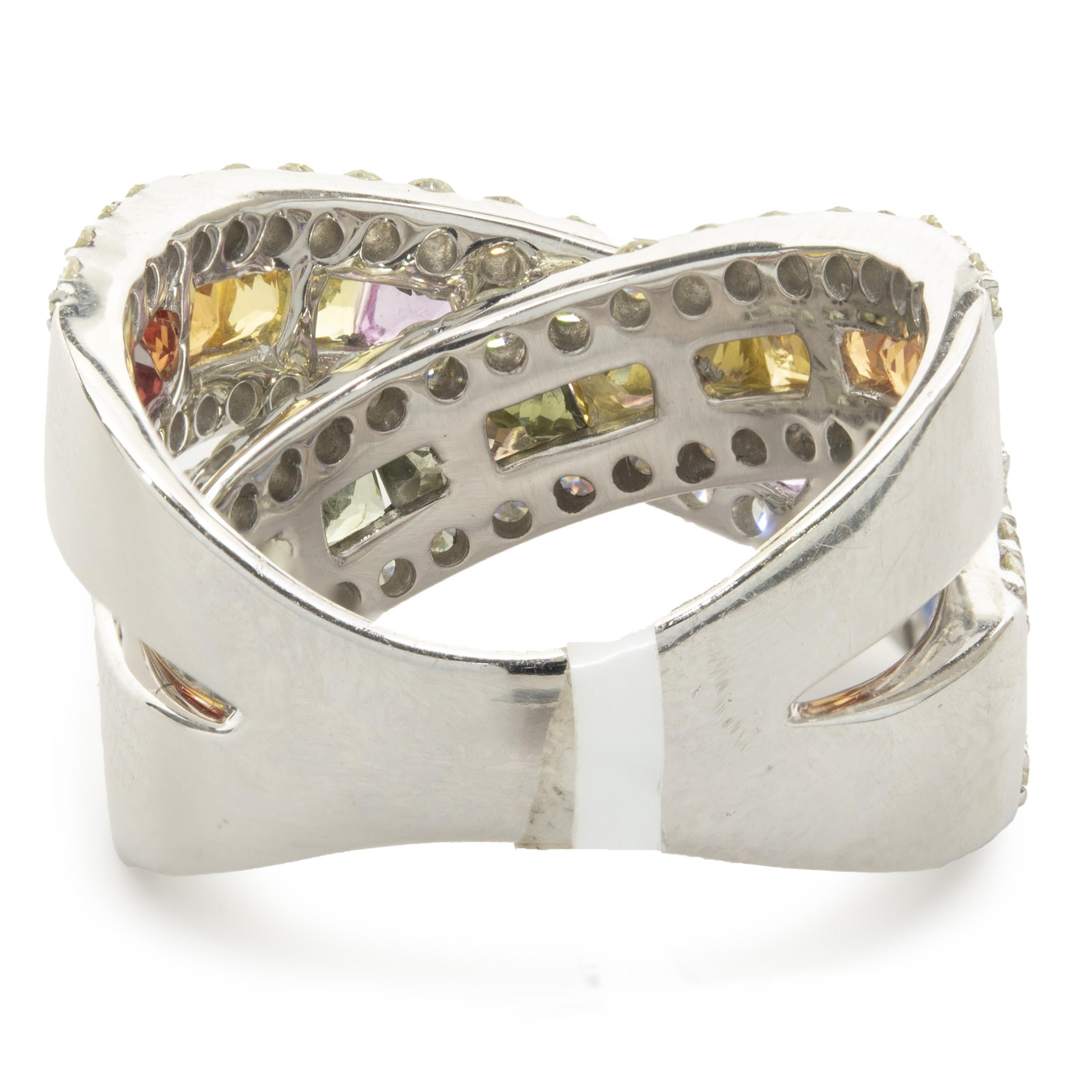 Princess Cut 14 Karat White Gold Rainbow Sapphire and Diamond Crossover Ring For Sale