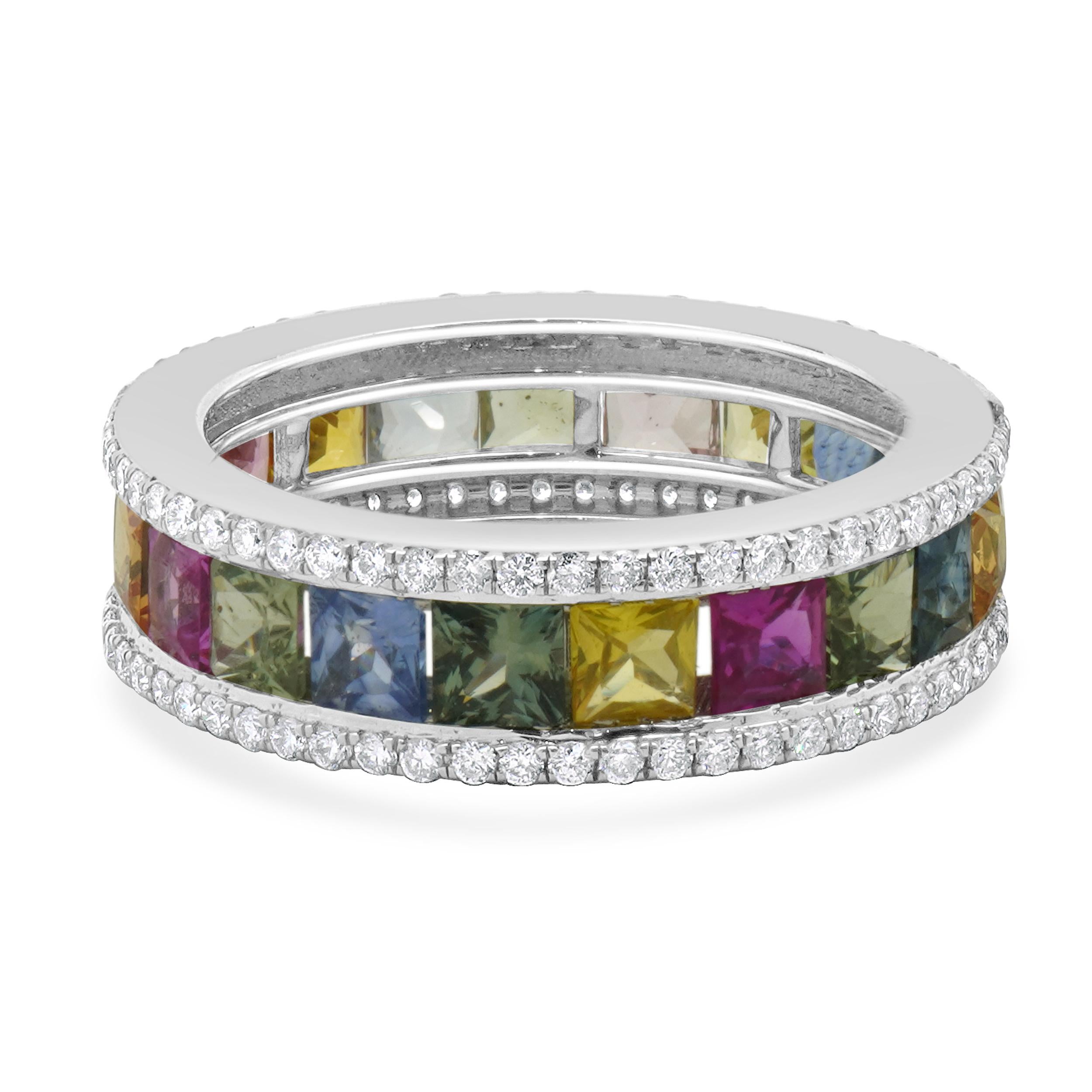 Designer: custom
Material: 14K white gold
Diamond:  round brilliant cut = 0.63cttw
Color: G	
Clarity: VS-SI1
Rainbow Sapphire: Princess cut = 3.69ct
Ring size: 6 (please allow two additional shipping days for sizing requests)
Weight: 4.58 grams
