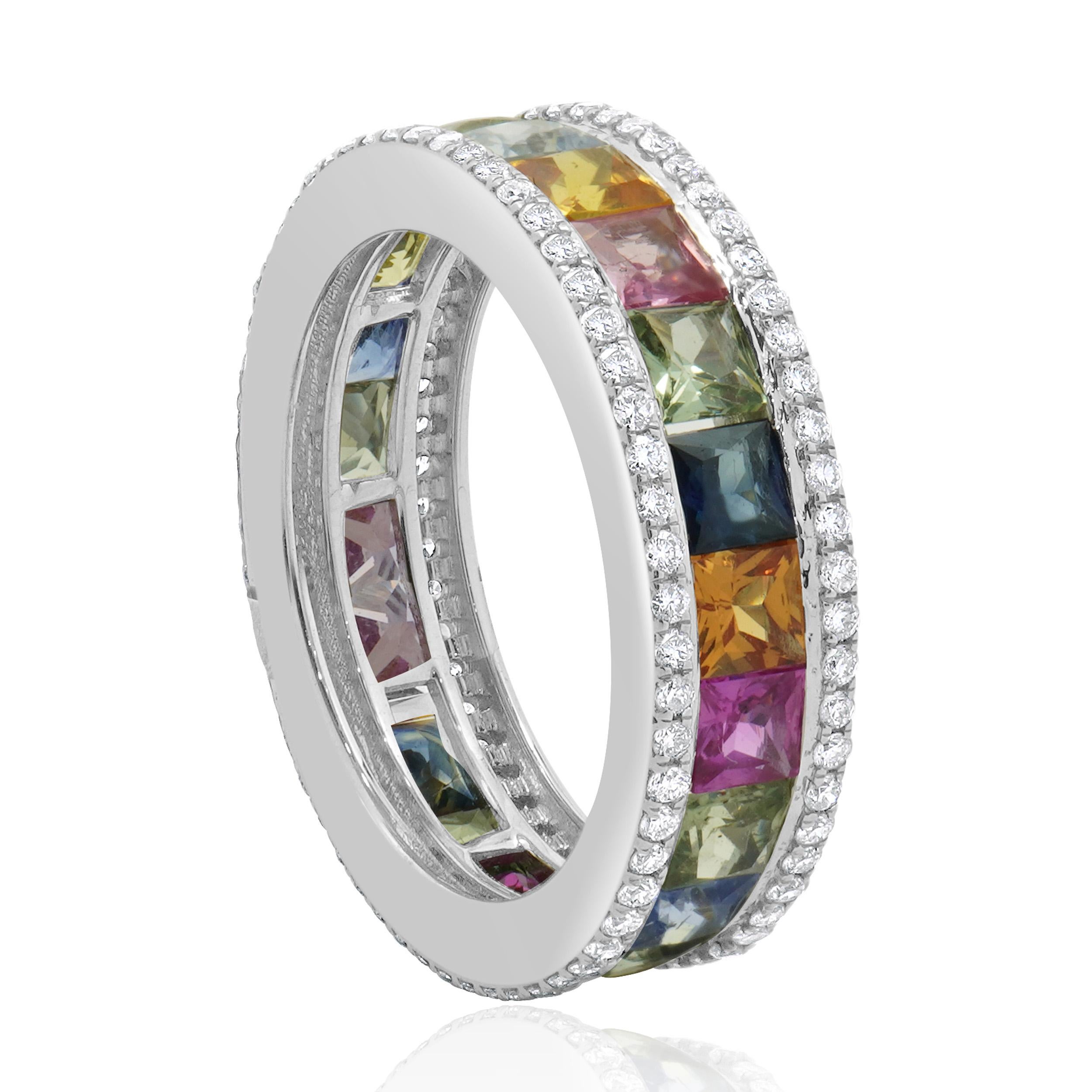 14 Karat White Gold Rainbow Sapphire and Diamond Eternity Band In Excellent Condition For Sale In Scottsdale, AZ
