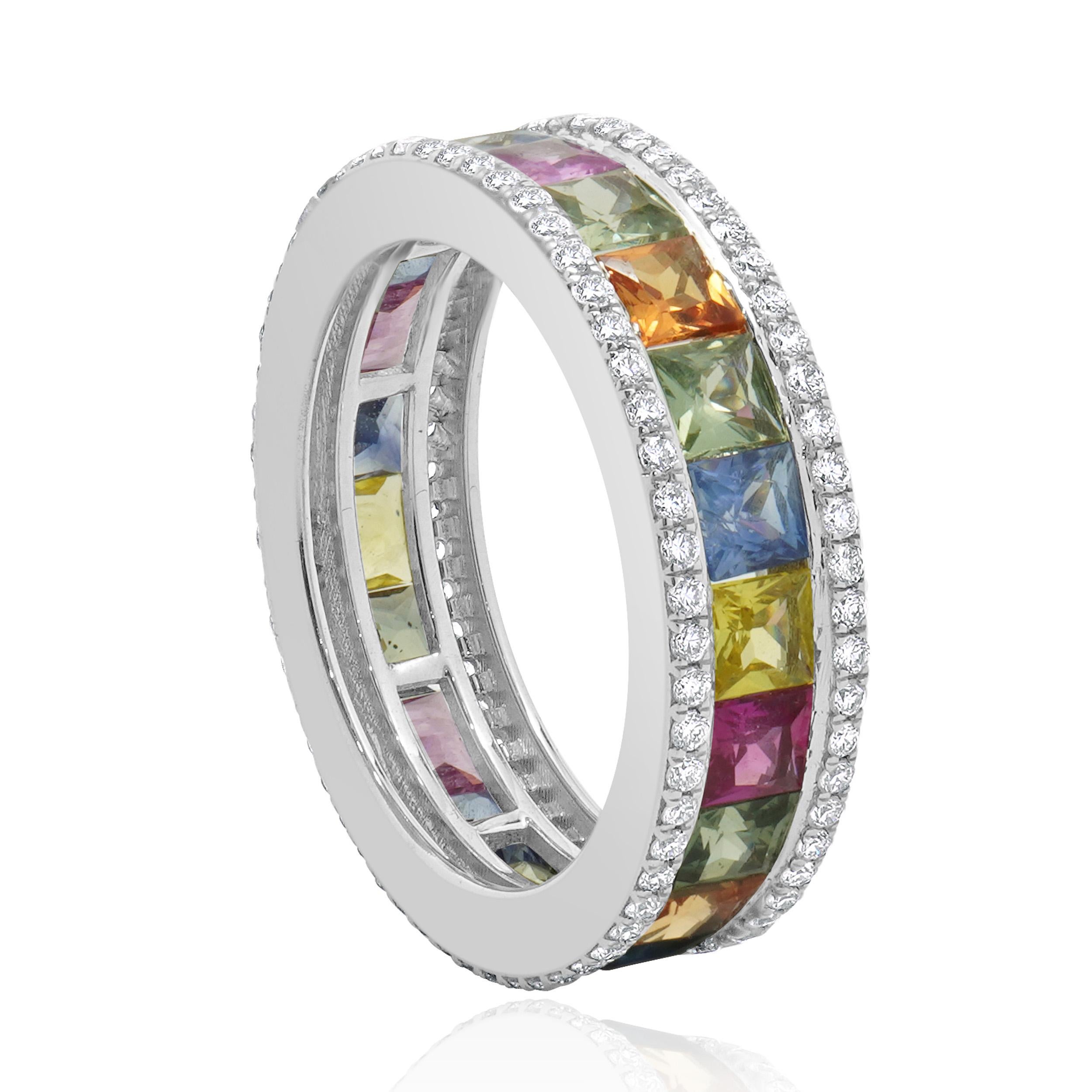 14 Karat White Gold Rainbow Sapphire and Diamond Eternity Band In Excellent Condition For Sale In Scottsdale, AZ