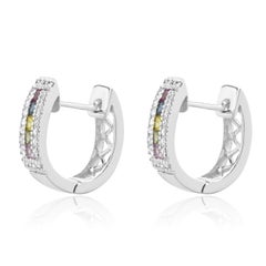 14 Karat White Gold Rainbow Sapphire and Diamond Huggie Hoop Earrings