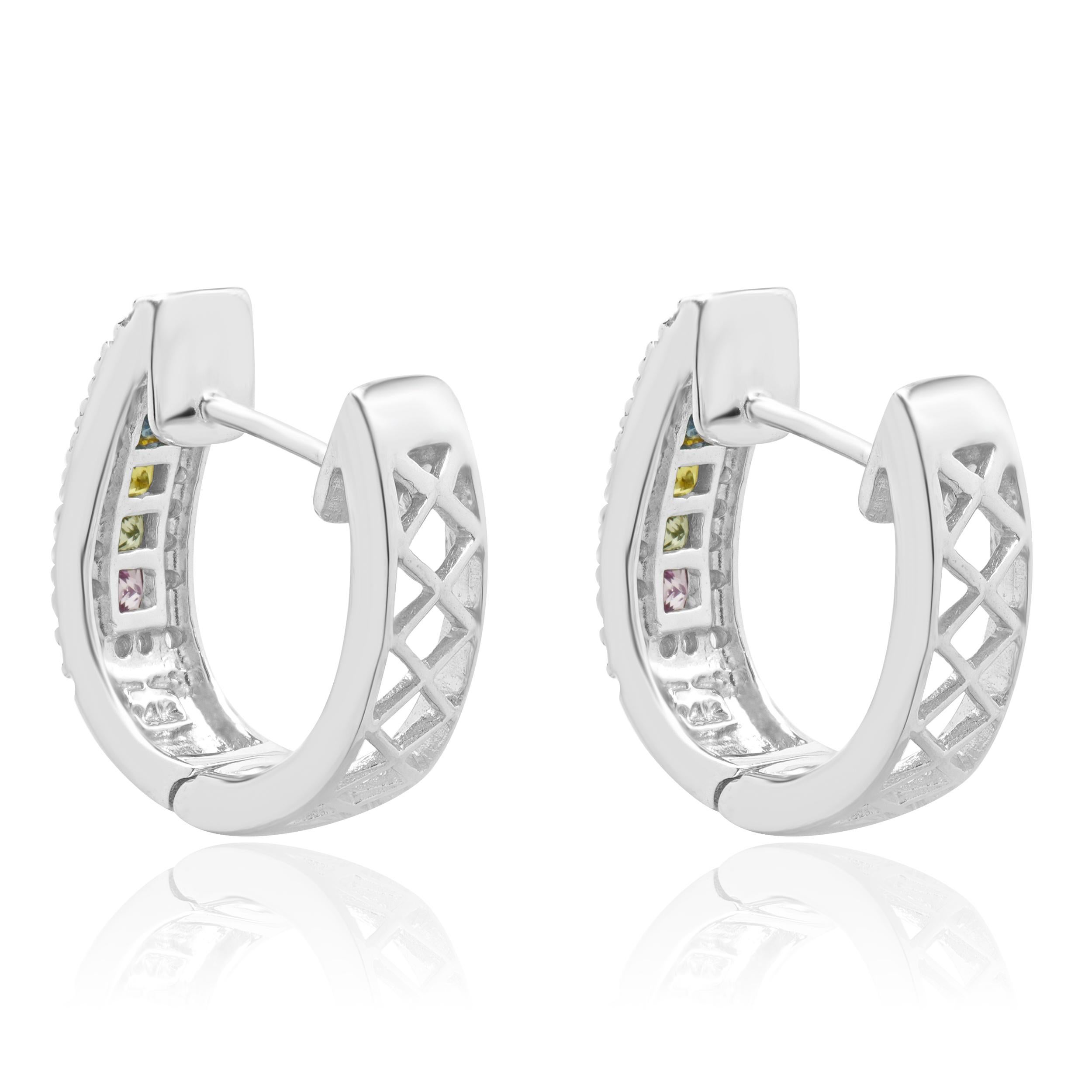 Princess Cut 14 Karat White Gold Rainbow Sapphire and Diamond Huggie Hoop Earrings For Sale