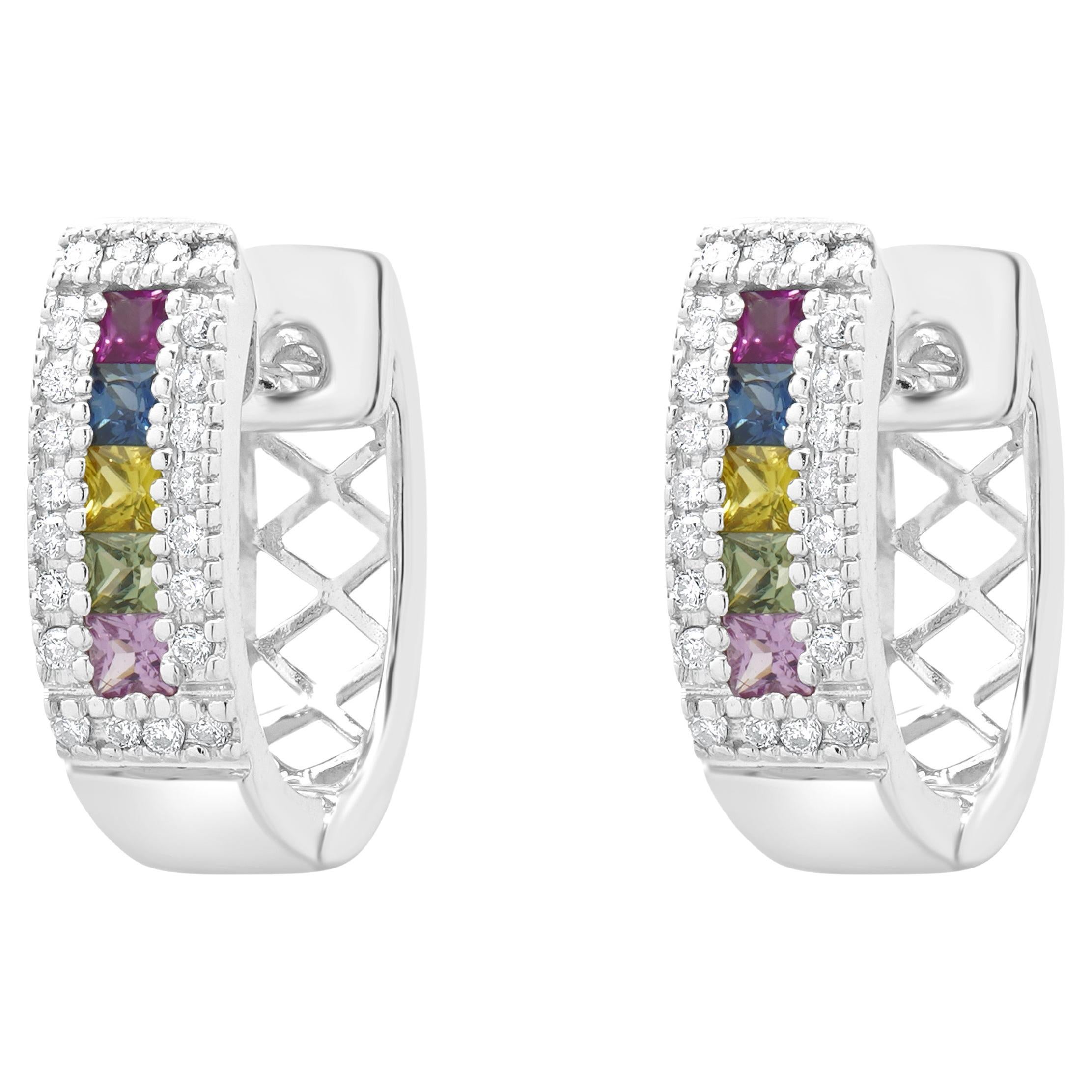14 Karat Weißgold Regenbogensaphir und Diamant Huggie Hoop Ohrringe