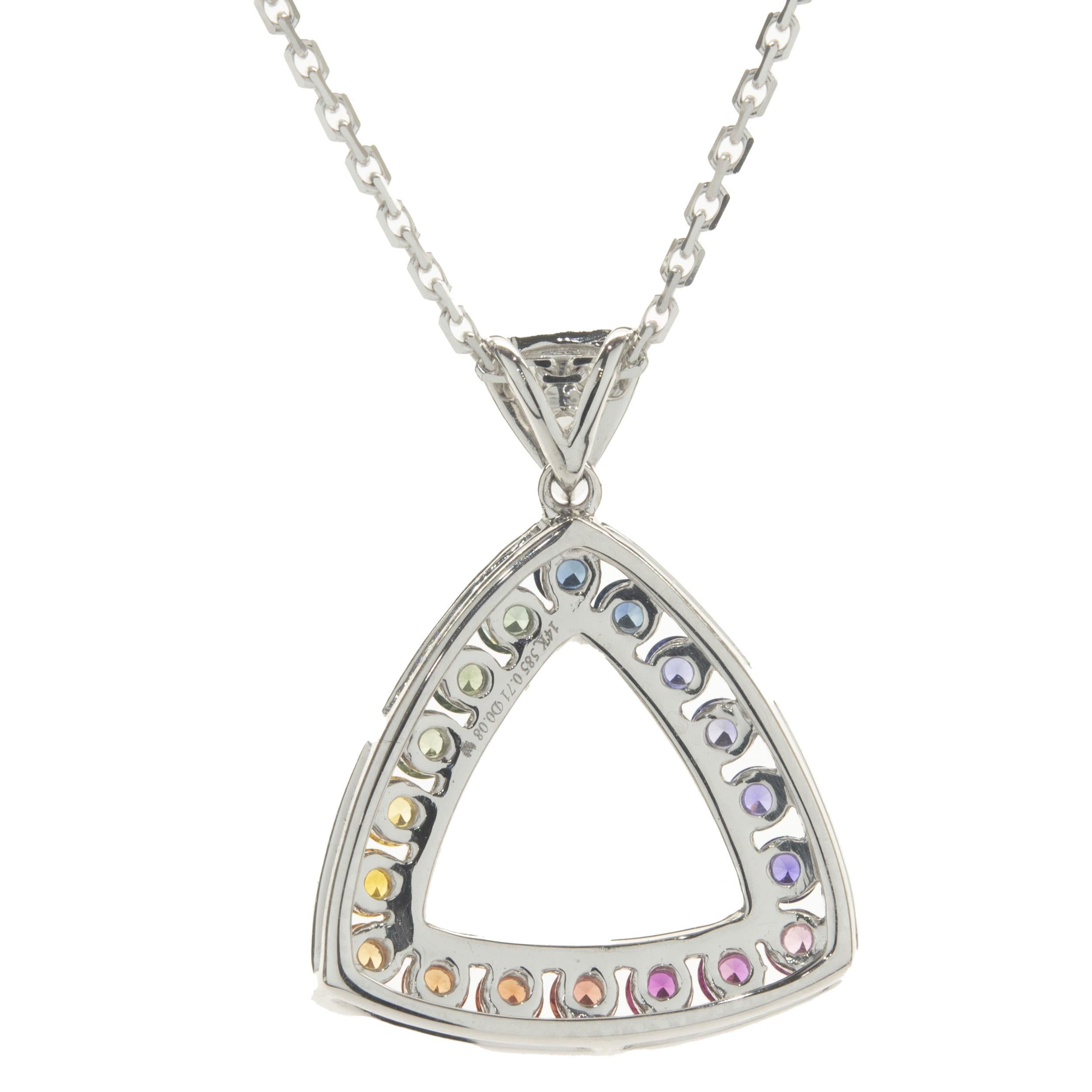 Offene dreieckige Tropfen-Halskette aus 14 Karat Weißgold mit Regenbogen-Saphir und Diamant (Rundschliff)