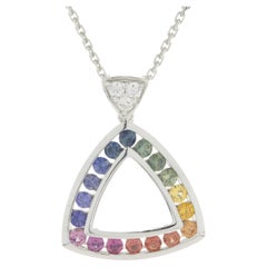 Offene dreieckige Tropfen-Halskette aus 14 Karat Weißgold mit Regenbogen-Saphir und Diamant