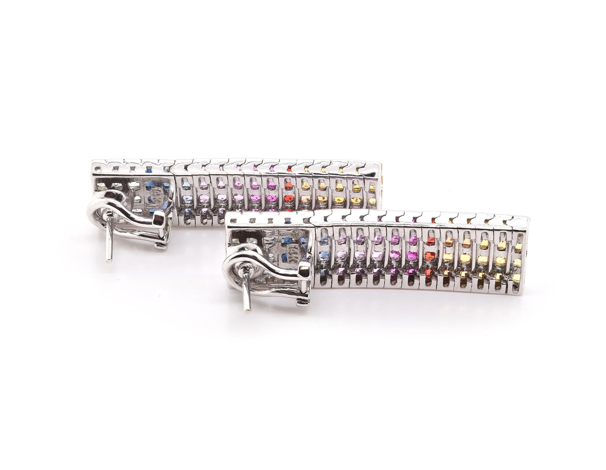 Princess Cut 14 Karat White Gold Rainbow Sapphire Drop Earrings