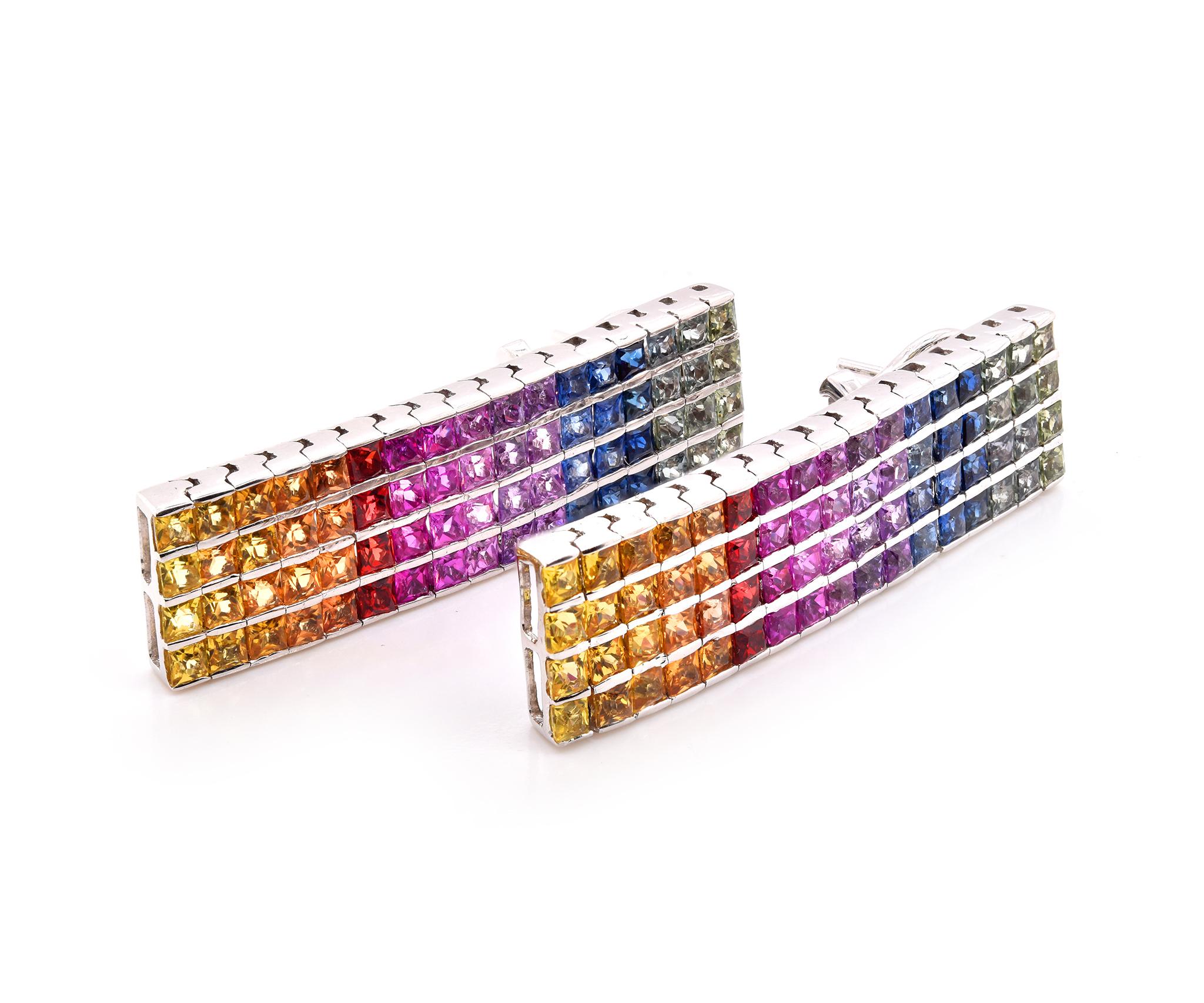 14 Karat White Gold Rainbow Sapphire Drop Earrings In Excellent Condition In Scottsdale, AZ