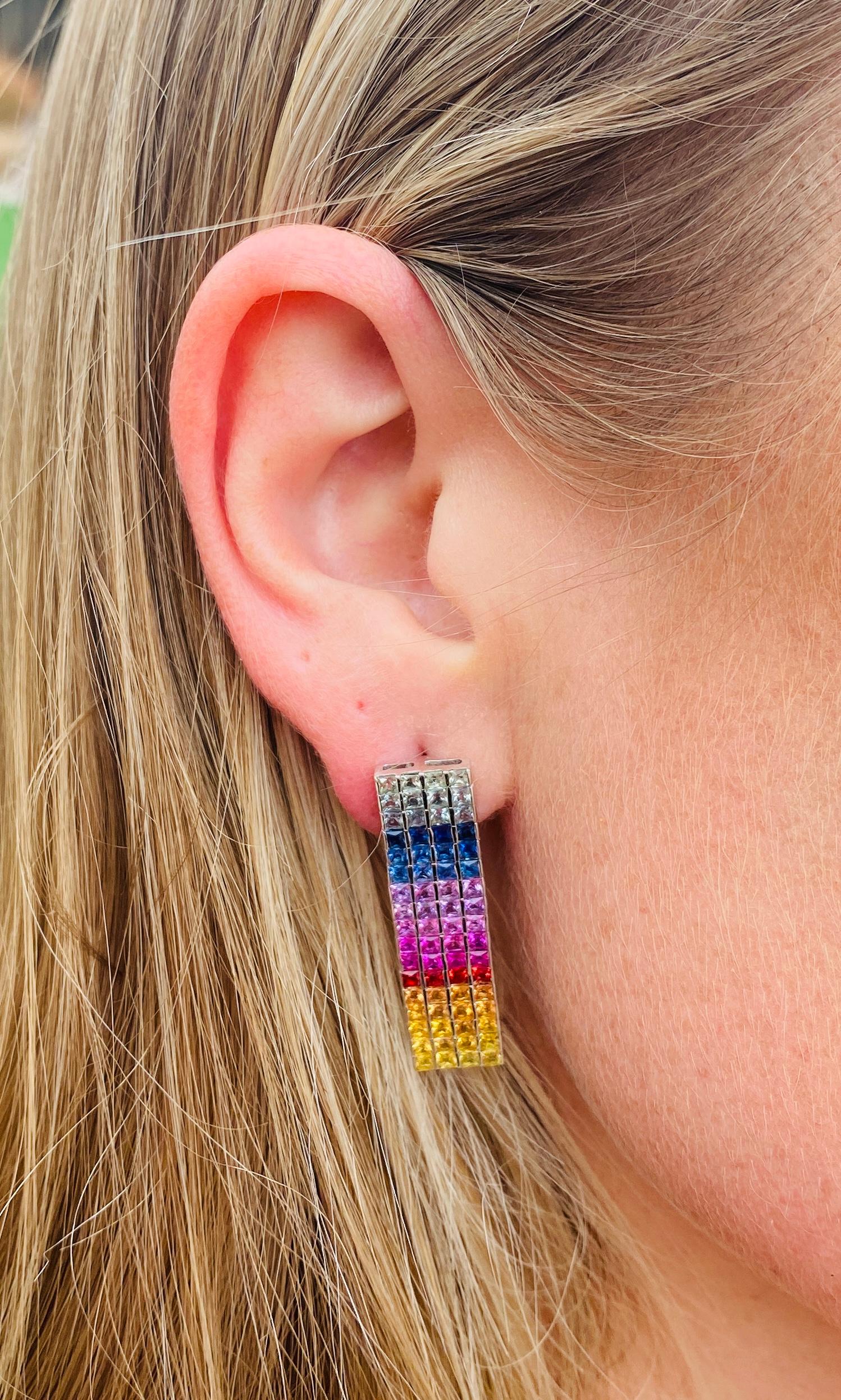 Women's 14 Karat White Gold Rainbow Sapphire Drop Earrings