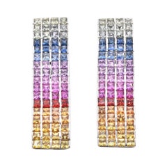 14 Karat White Gold Rainbow Sapphire Drop Earrings