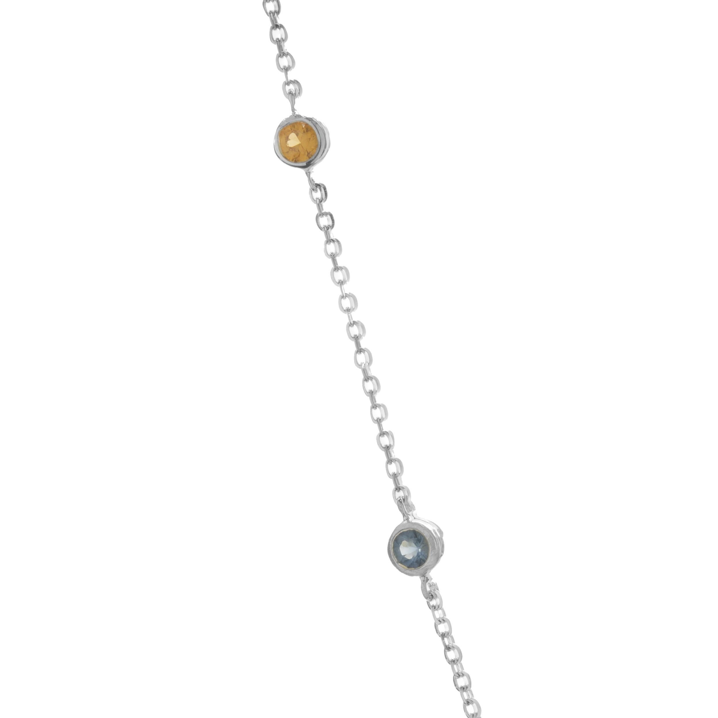 Round Cut 14 Karat White Gold Rainbow Sapphires by the Yard Necklace For Sale