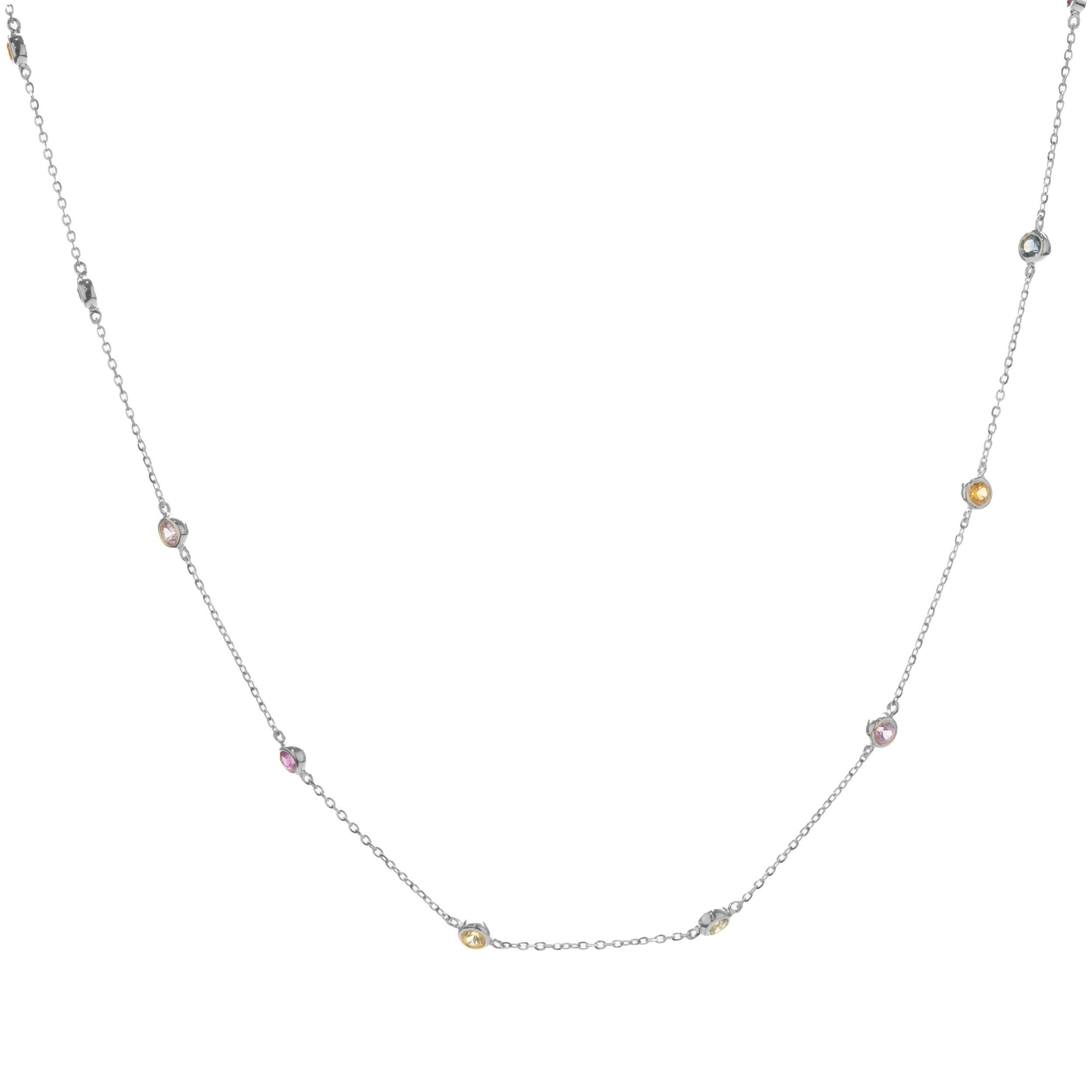 14 Karat White Gold Rainbow Sapphires by the Yard Necklace For Sale