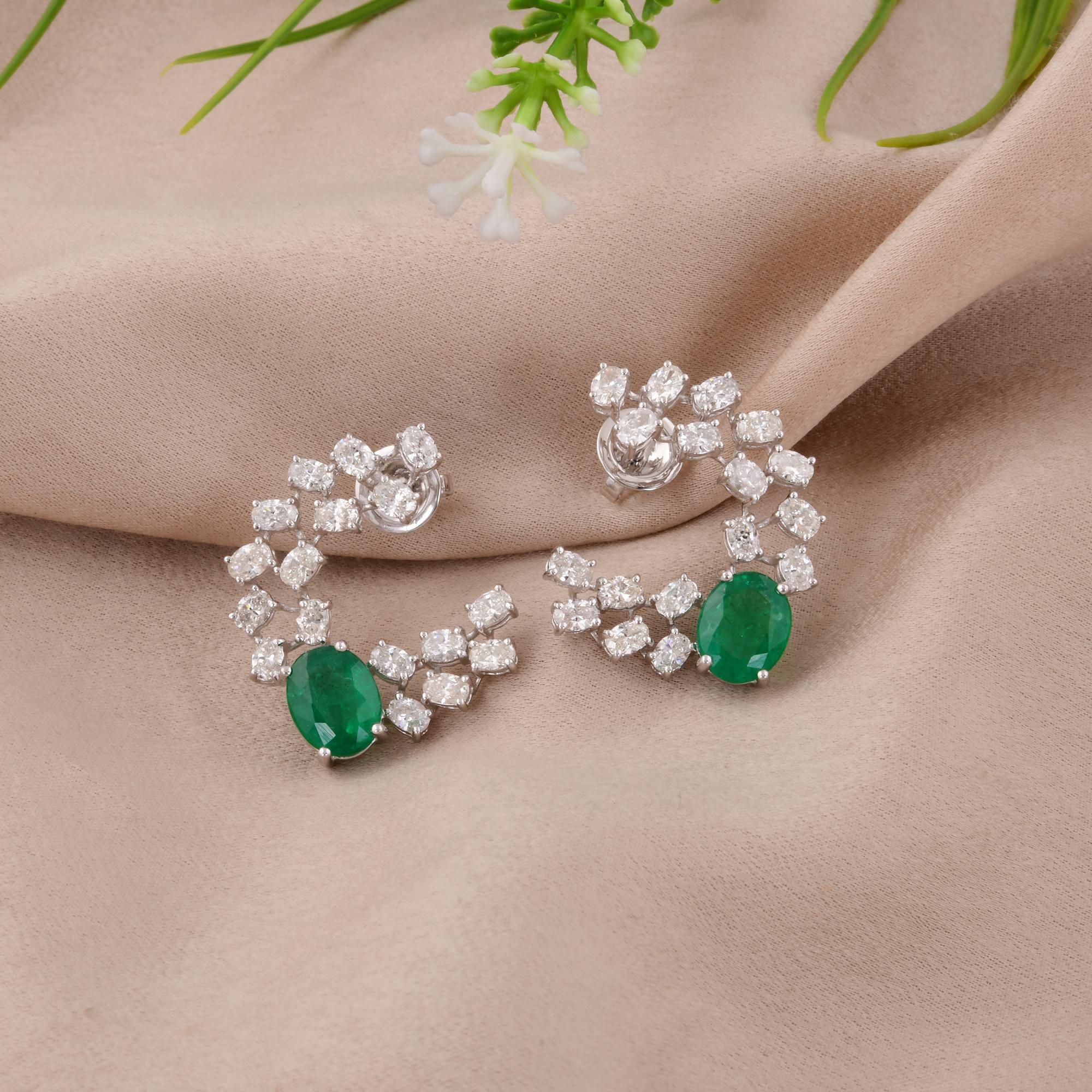Modern 14 Karat White Gold Real Zambian Emerald Gemstone Earrings Diamond Fine Jewelry For Sale